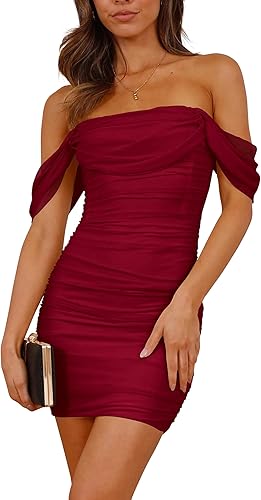 PRETTYGARDEN Cocktail Dresses 2025 Summer Off Shoulder Sexy Bodycon Ruched Mesh Graduation Wedding Guest Mini Short Dress