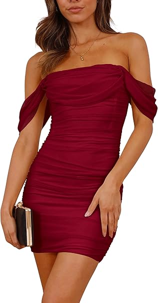 PRETTYGARDEN Cocktail Dresses 2025 Summer Off Shoulder Sexy Bodycon Ruched Mesh Graduation Wedding Guest Mini Short Dress