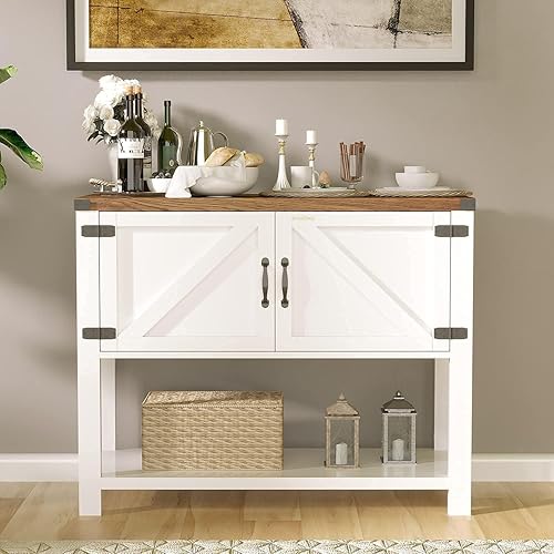 Miniatura 7 de 4ever2buy Mesa de entrada blanca con almacenamiento, aparador de estilo rústico con 2 puertas y estante inferior, mesa consola de barra de café