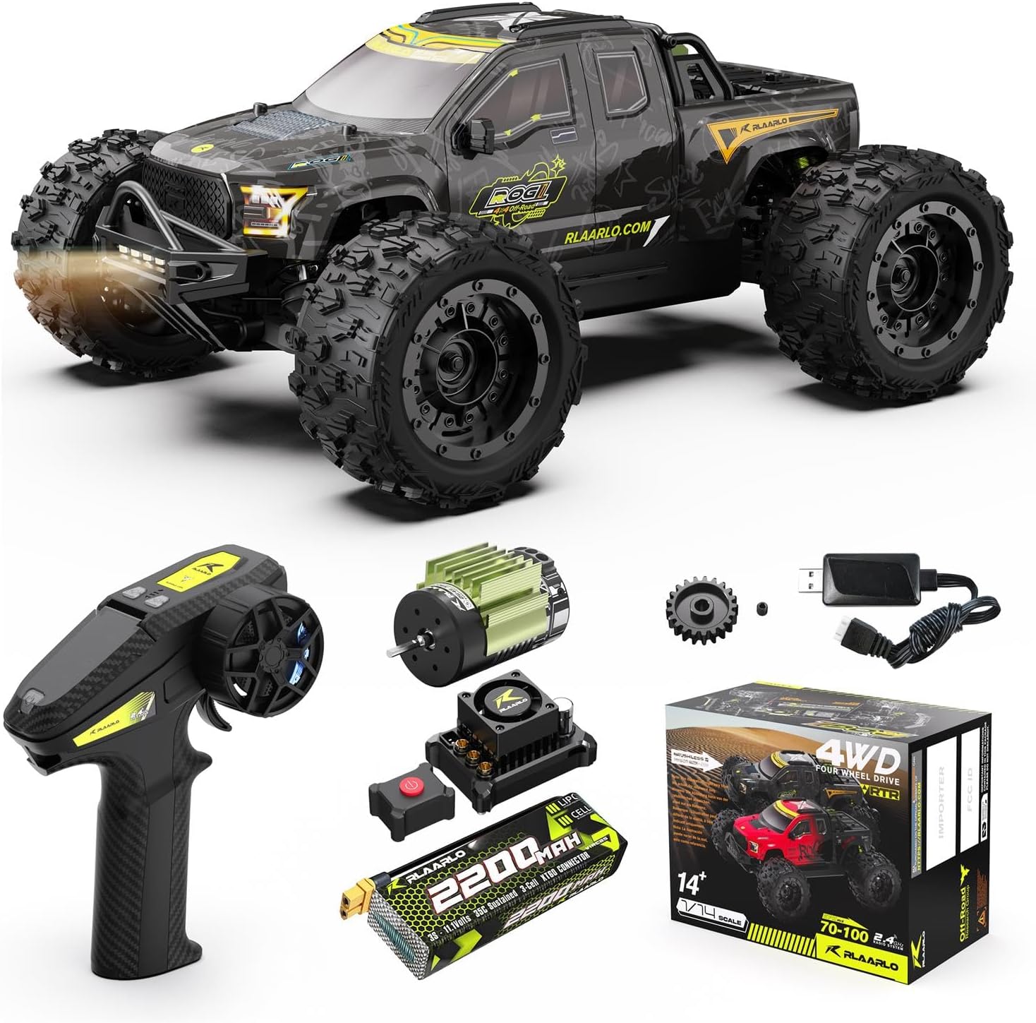 1/14 Brushless Fast RC Cars for Adults, Top Speed 60+ MPH RC Truck, All Terrain Remote Control Car Hobby Off-Road Remote Control Truck 4x4 Electric Vehicle Monster Trucks with 3S Battery