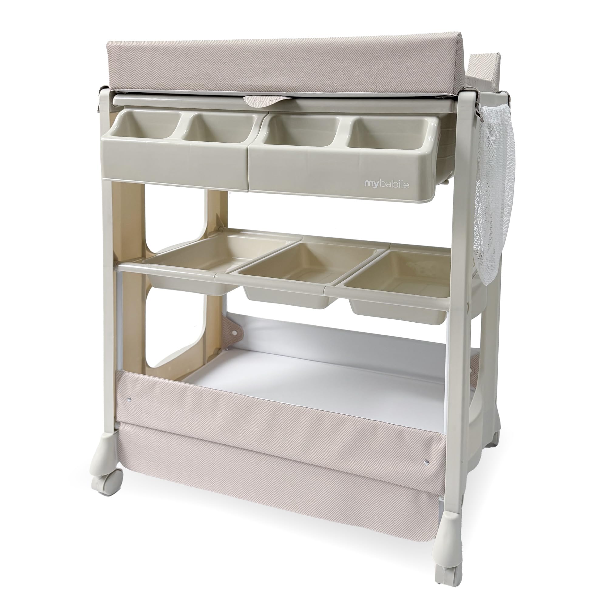 My Babiie Baby Changing and Bath Unit - from Birth to 11kg, Nursery Changing Station with Mat for Newborn, Infant Table with Water Basin and Storage - Oatmeal Herringbone