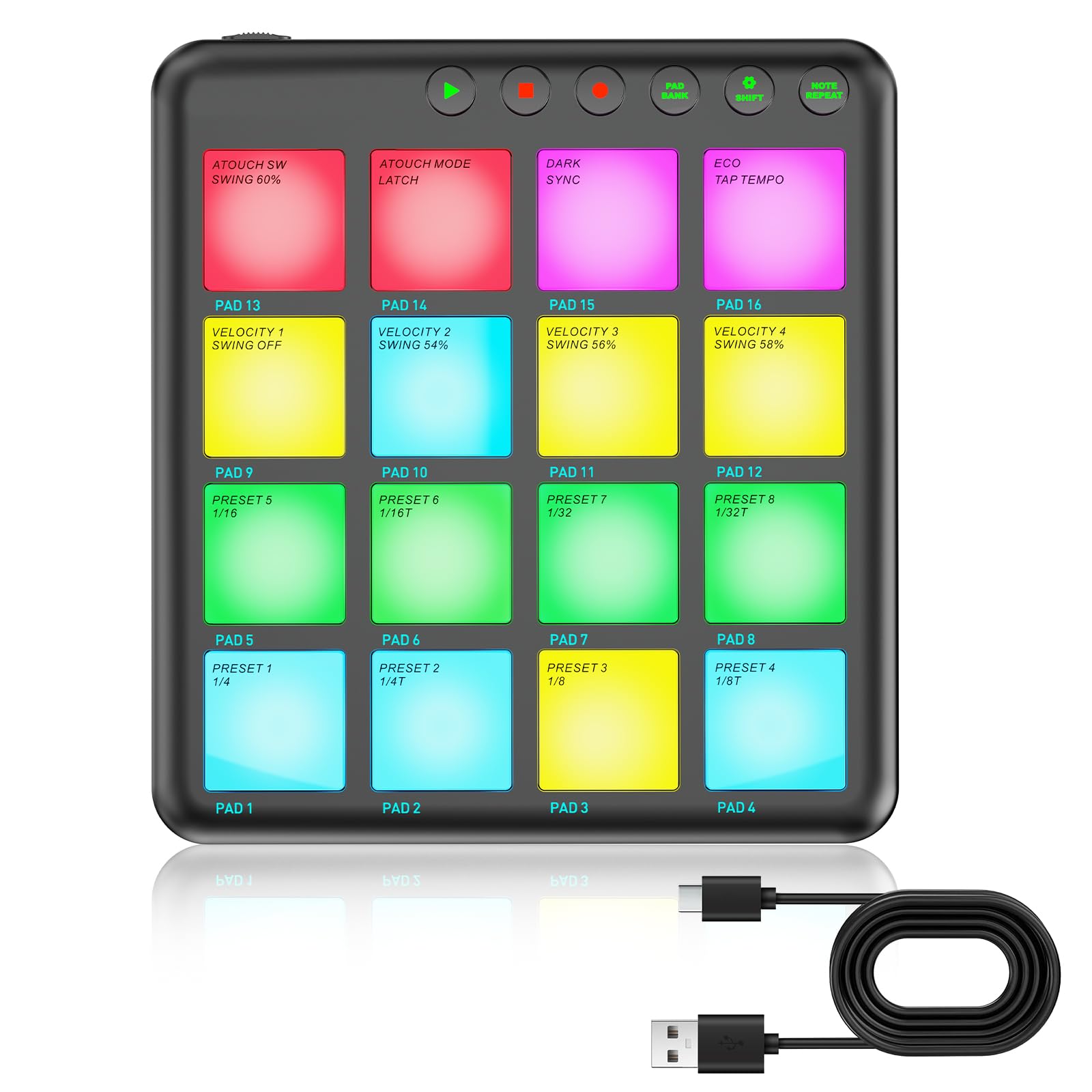 MIDI Pad Controller with Wireless Connection, 16 RGB Beat Pads for Music Production, Portable Beat Maker for Beginners, Finger Drumming, Sampling, Looping on Laptop, Tablet, Phone (Black)