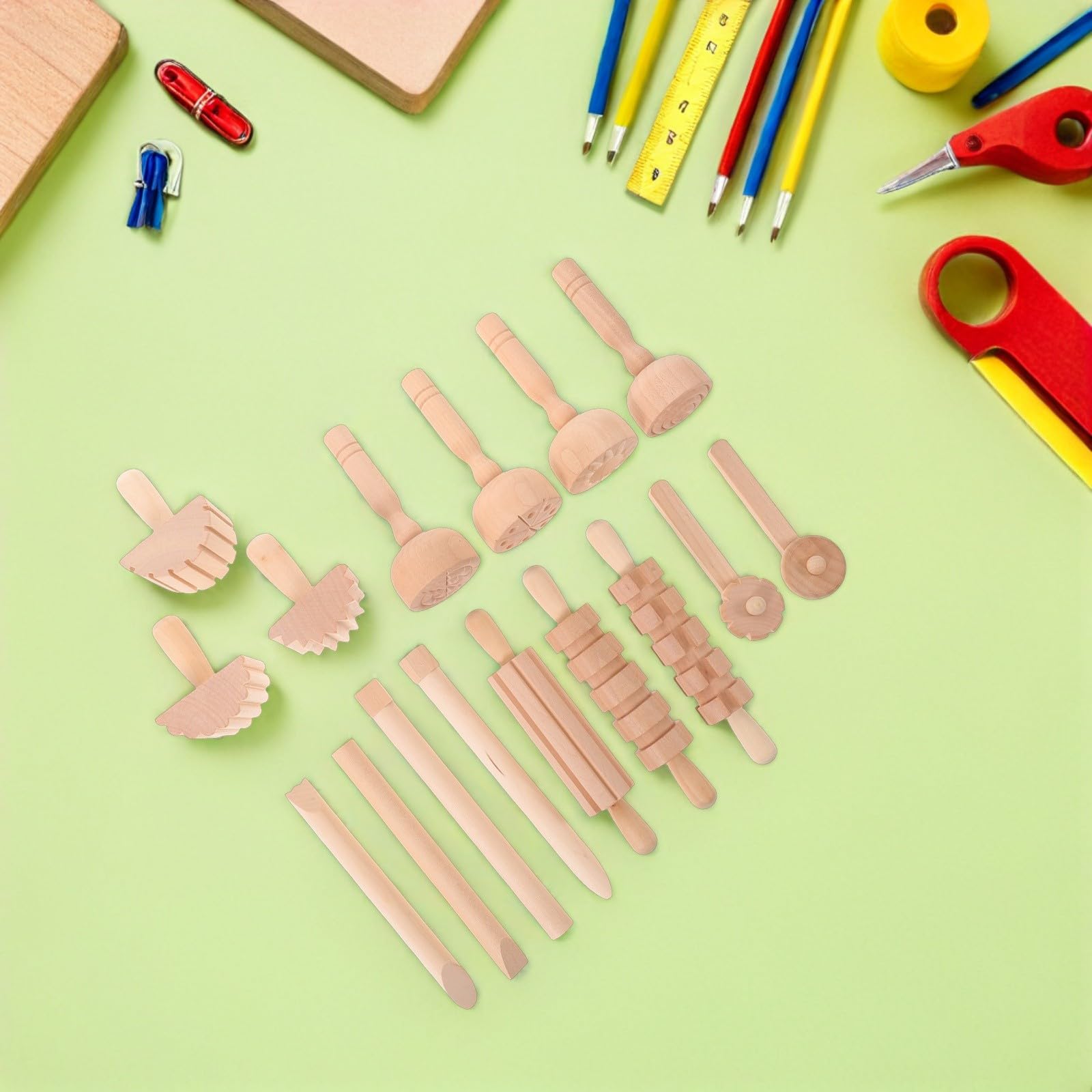 NUOBESTY 1 Set di Strumenti in Legno per Modellare L'argilla con Timbri Manuali - Kit Fai da Te per Modellare La Pasta Modellabile per attività Artistiche E Creative per Bambini a Casa E a Scuola.