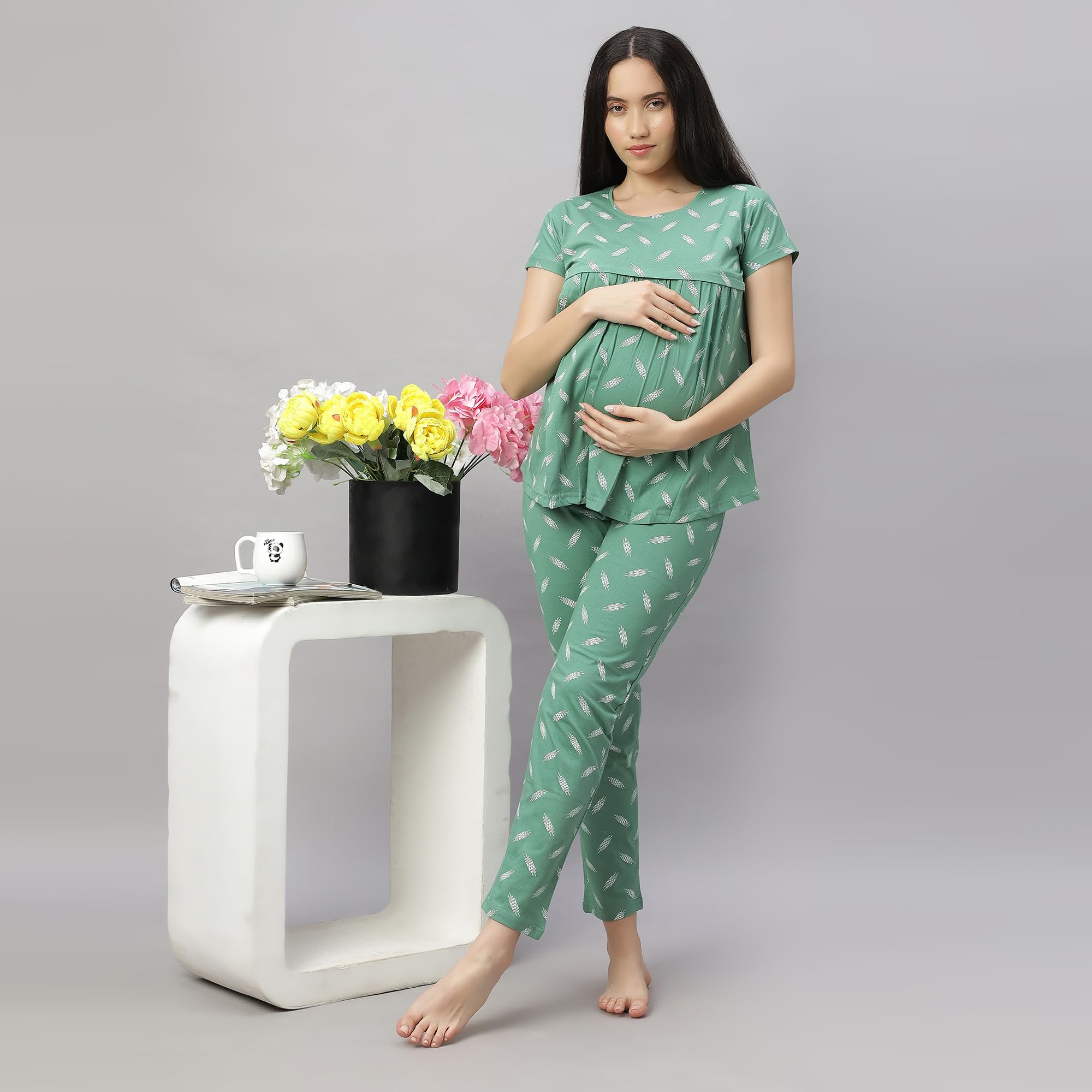 DZZO New Women's Cotton Printed Maternity Night Suit | Comfortable Feeding Night Dress | Soft & Breathable Nursing Pajama Set | Color - Green, Size - 2XL - Image 6 thumbnail