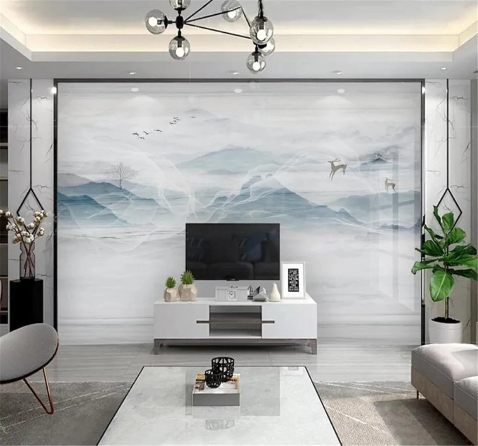 Tzxztt Blue Abstract Ink Landscape Marble Effect Scenery Modern 3D Wallpaper Premium Textured Silk Neutral Tones Material Ideal for Living Room Bedroom-400cm×280cm