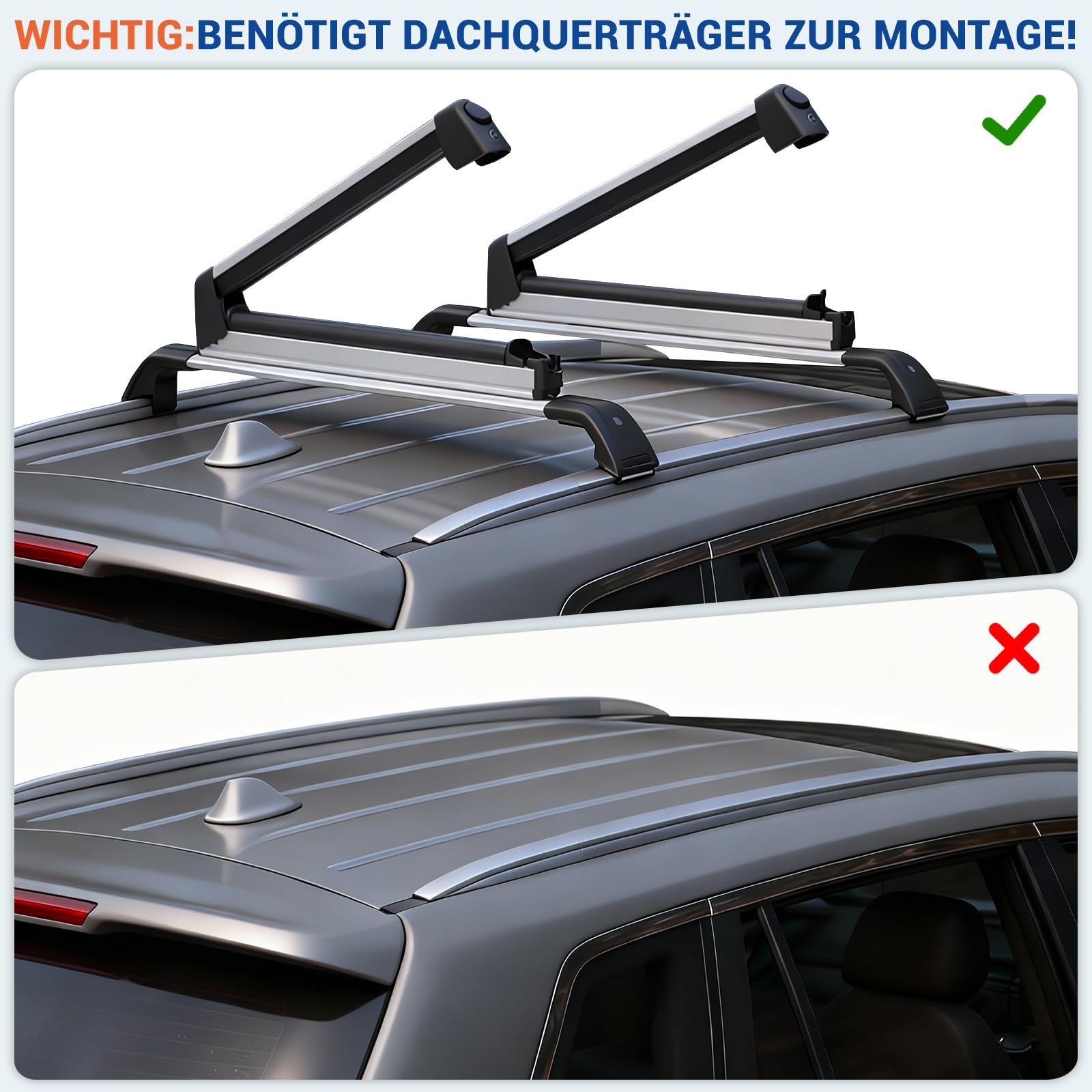 Set di 2 barre per sci e snowboard, in alluminio con sistema di binari, universali per travi trasversali, trasporto di sci e snowboard