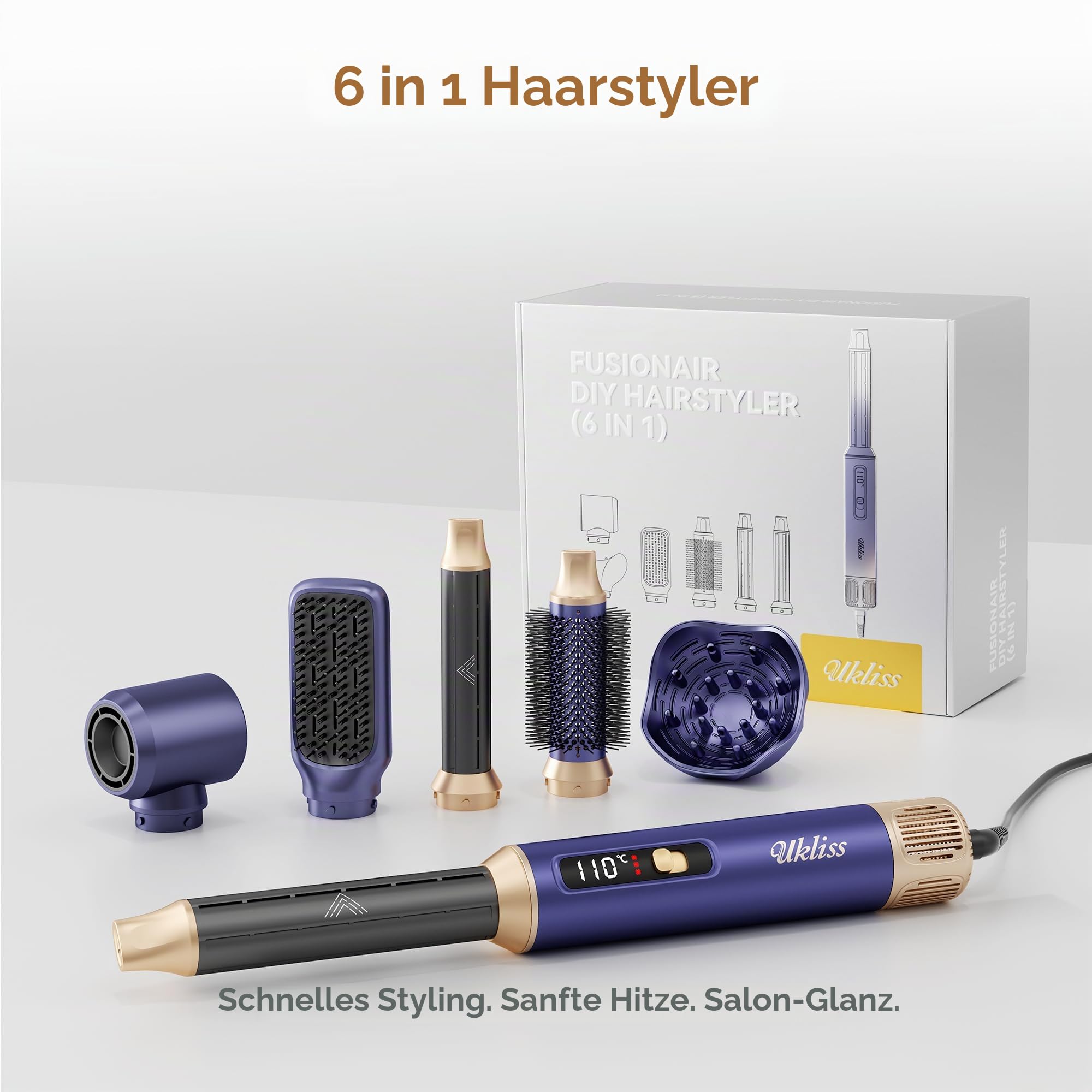 UKLISS Hairstyler 6 in 1 Air Styler Set [mit Diffusor], Pro Hair Styler Set | LCD Display 1000w Haartrockner mit Diffusor, Air Lockenstab Rundbürstenföhn, Föhnbürste, Glättbürste - Gold Blau