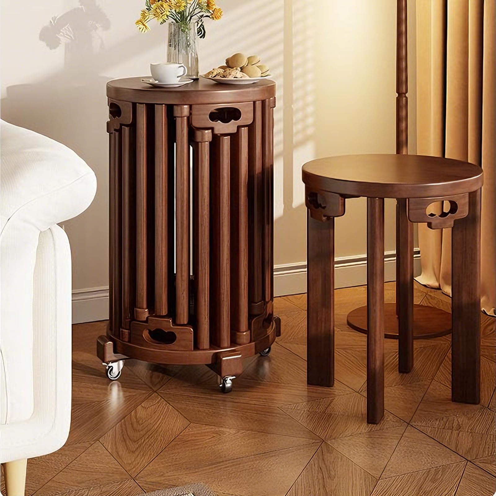 XNZJHPP 6-in-1 Solid Wood Stackable Stools & Side Tables - Vintage Mid-Century Modern Nesting Accent Furniture for Living Room & Bedroom, Versatile Movable Design (Walnut with Wheels)