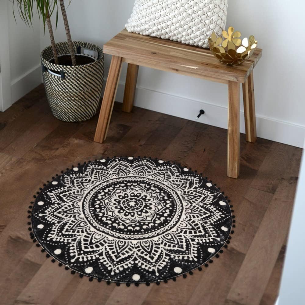 Alfombra redonda pequeña de 2.3 pies, diseño de mandala negra, bohemia, con pompones, flecos, lavable, tapete de ducha circular suave, antideslizante, linda, alfombra circular para fregadero, 7