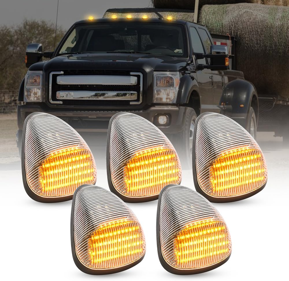 5 PCS Cab Roof Marker Lights For 1999-2016 F150 F250 F350 F450 F550 Super Duty, 51 LED Amber Top Clearance Running Lights For 2004-2017 Pickup Trucks SUV (Clear Lens)