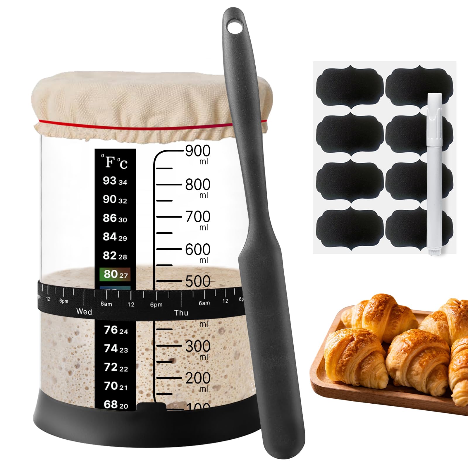 WINUSD Sourdough Starter Jar Kit - 34OZ, with Date Feeding Band, Cloth Cover, Thermometer, Silicone Lid, Chalkboard Labels, Mark Pen, Rubber Bands, Silicon Spatula, Sourdough Bread Baking Supplies