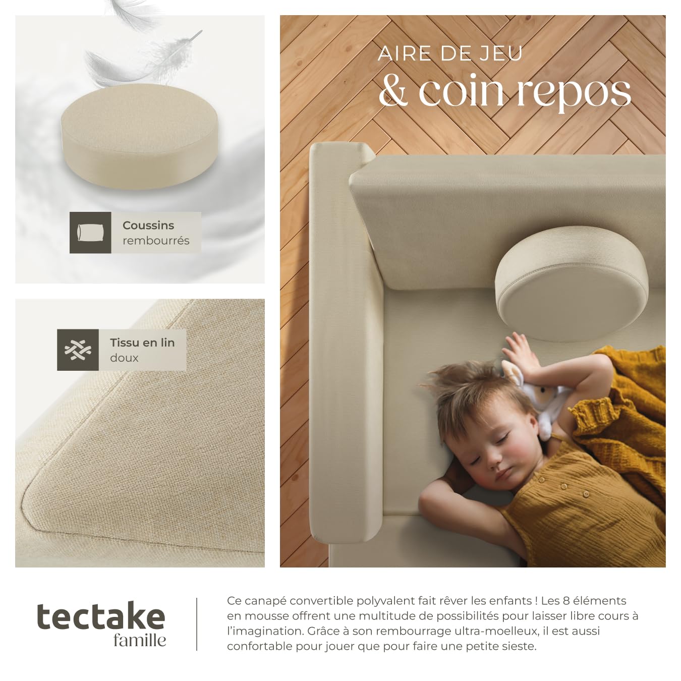 tectake® Canapé convertible 2 places modulable Canapé enfant en Mousse & Lin Fauteuil enfant Canapé lit Matelas de sol enfant Lit pliant Matelas pliable pour Chambre enfant Jeu de construction Lecture