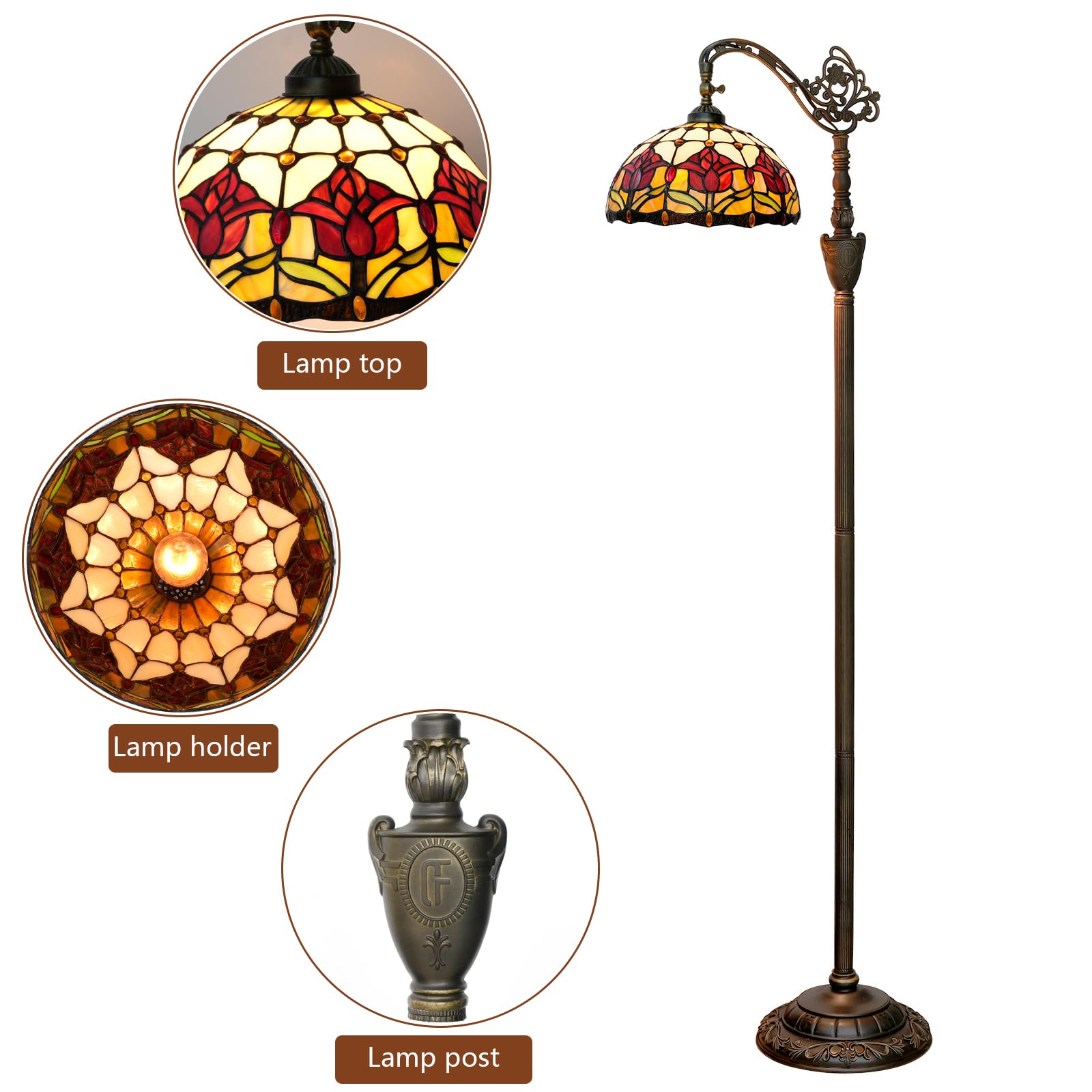 Lampa podłogowa Tiffany Vintage Stojąca lampa w stylu czerwonych tulipanów Witrażowa lampa podłogowa Rustykalna lampa podłogowa z regulowanym kątem nachylenia do dekoracji wnętrz Salon Sypialnia