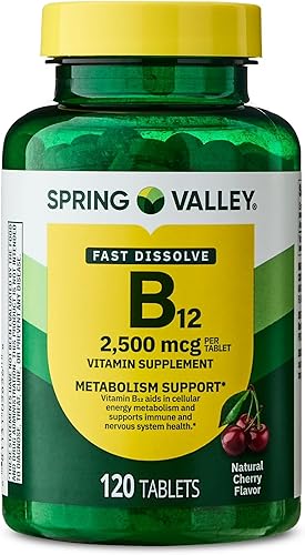 Spring Valley, Vitamina B12 2500 MCG, B12 Tabletas de sabor a cereza de disolución rápida, suplemento dietético, vitamina B12, 120 unidades de