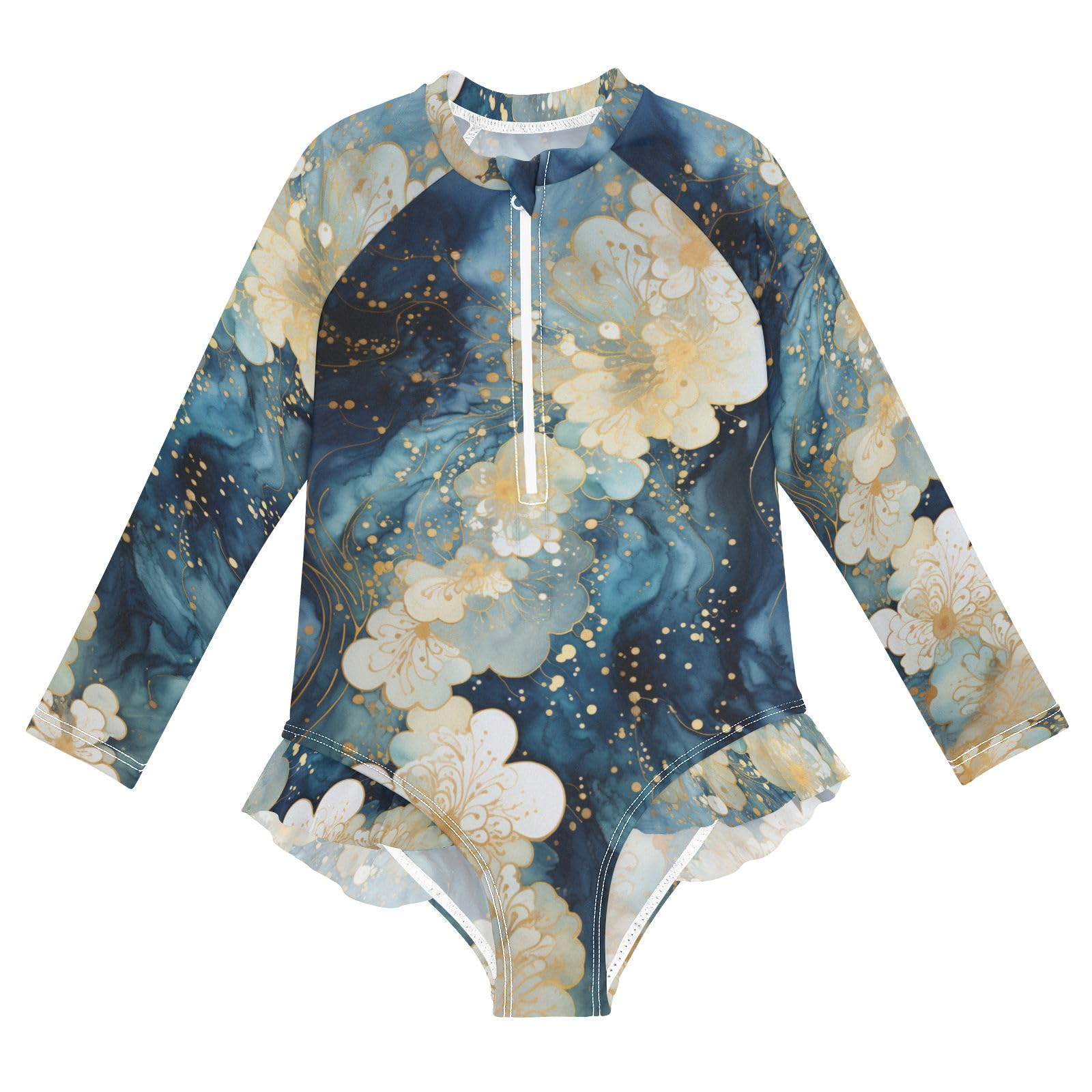 ALAZA Swimsuit for Girls Long Sleeve Rashguard Bathing Suit Flower Marble Navy Quick Dry 4T