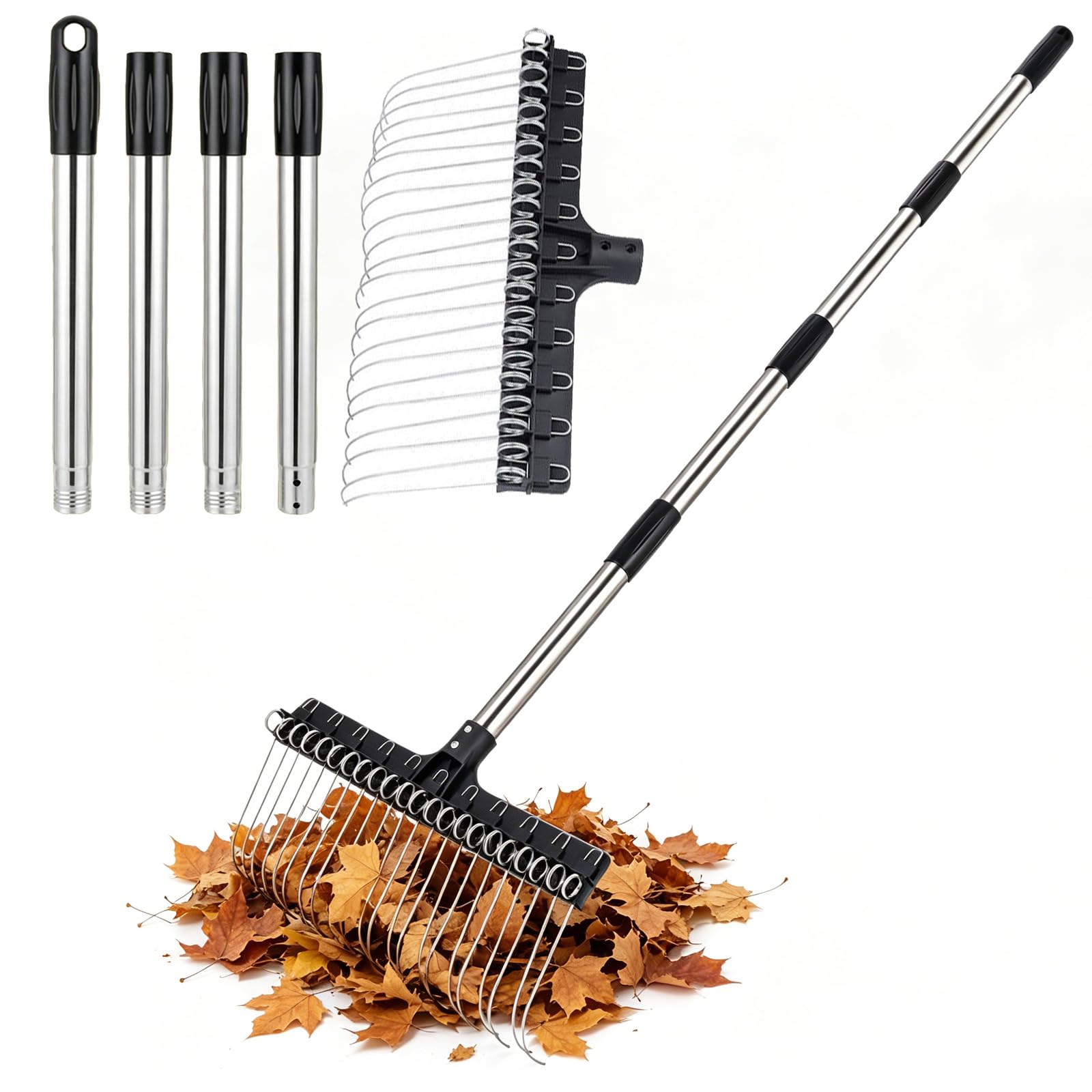 Weyot Thatch Rakes For Lawns, Garden Rake, Dethatching Rake, Metal Leaf Rake for Leaves, Lawn, Yard & Soil Cleanup, Saving Design, Versatile Garden Tool Black,160x42cm