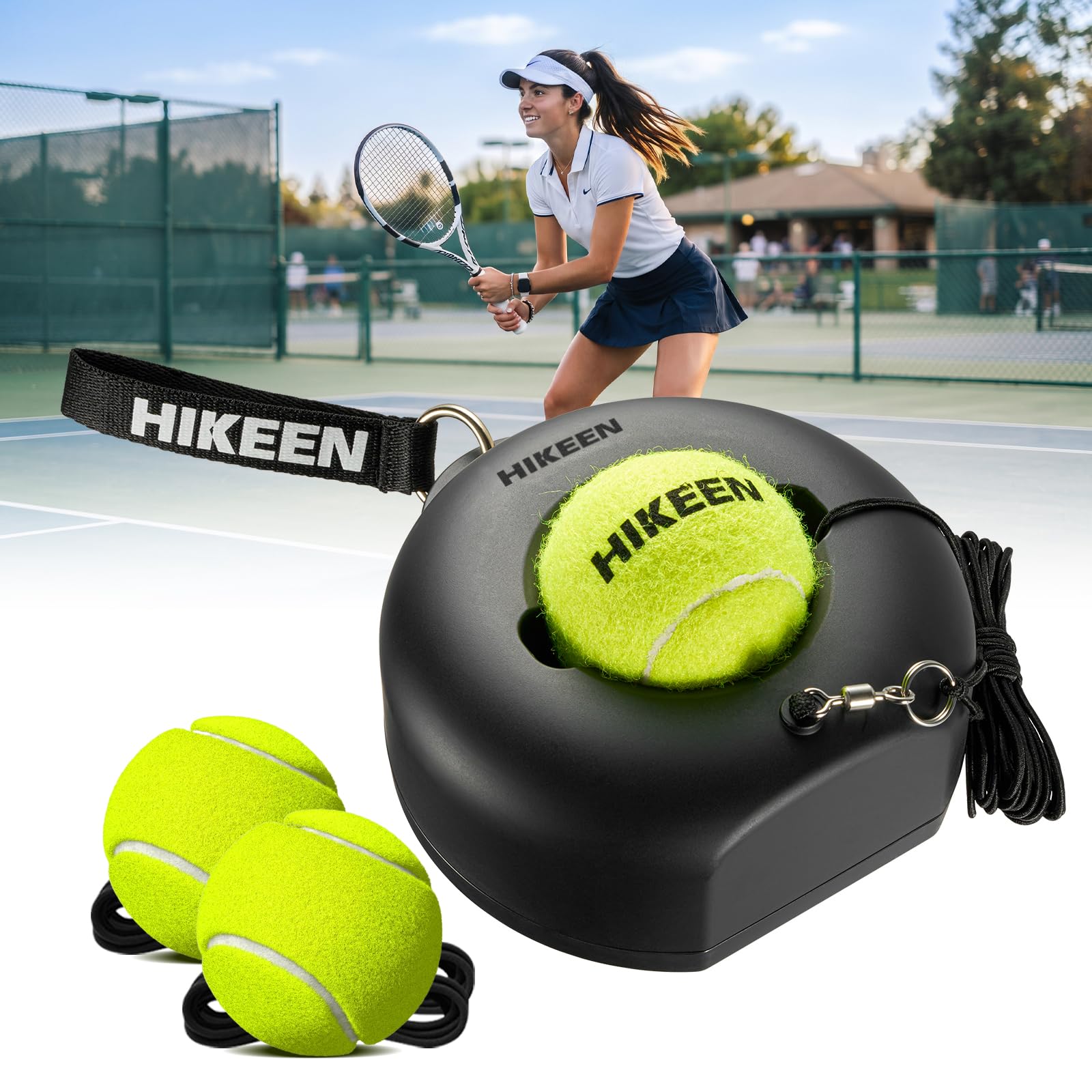 Hikeen Premium Tennis Trainer Rebound with Metal Base,Portable Solo Tennis Trainer Set with 3 Highly Elastic String Balls,Tennis Practice Equipment for Adult Kids an Beginners