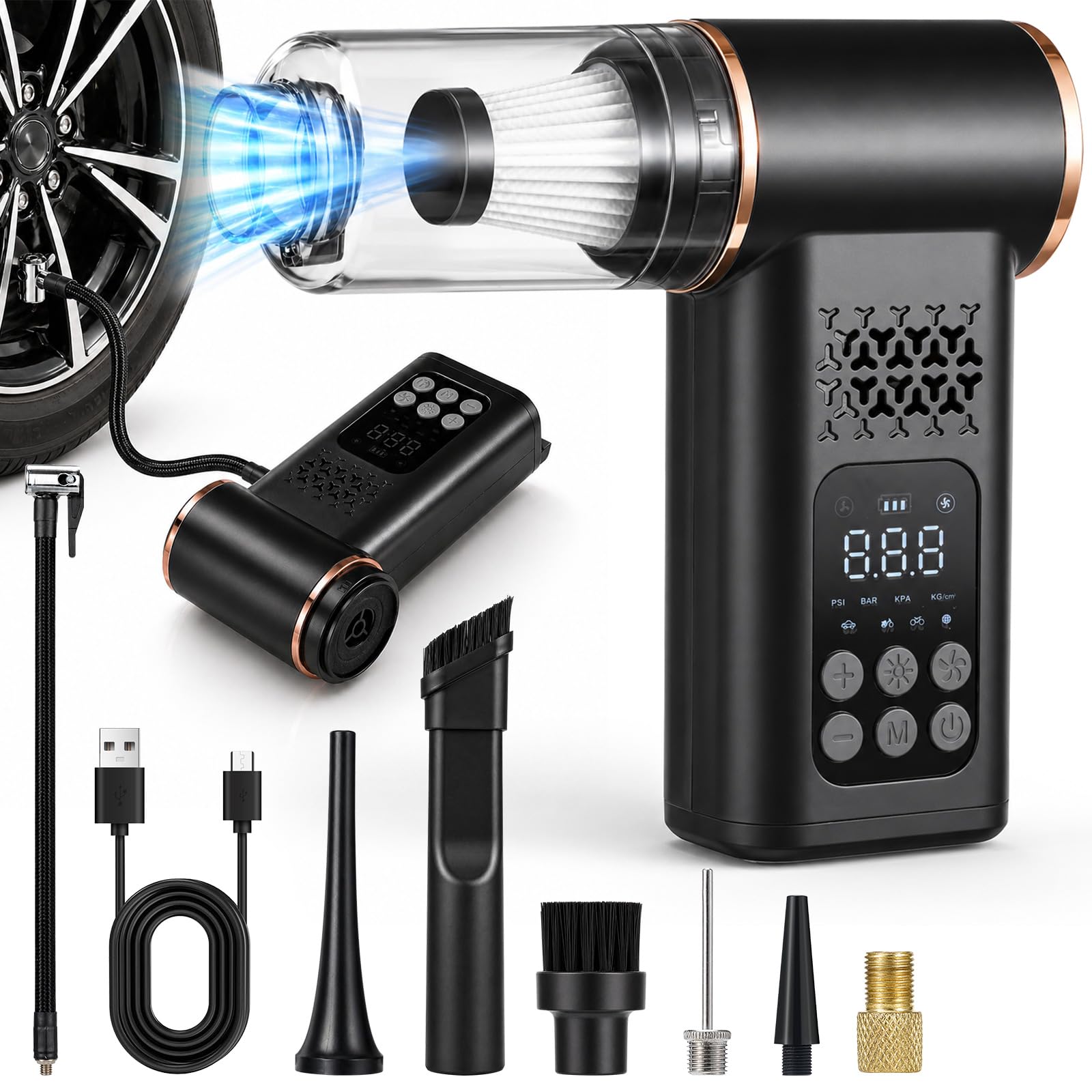 5 en 1 Compresor Aire Portatil con Aspiradora inalámbrica, 150 PSI Inflador de Neumáticos con Luz de Emergencia, Pantalla LCD, manómetro Digital para Coche hogar Pelo de Mascotas Moto y balones
