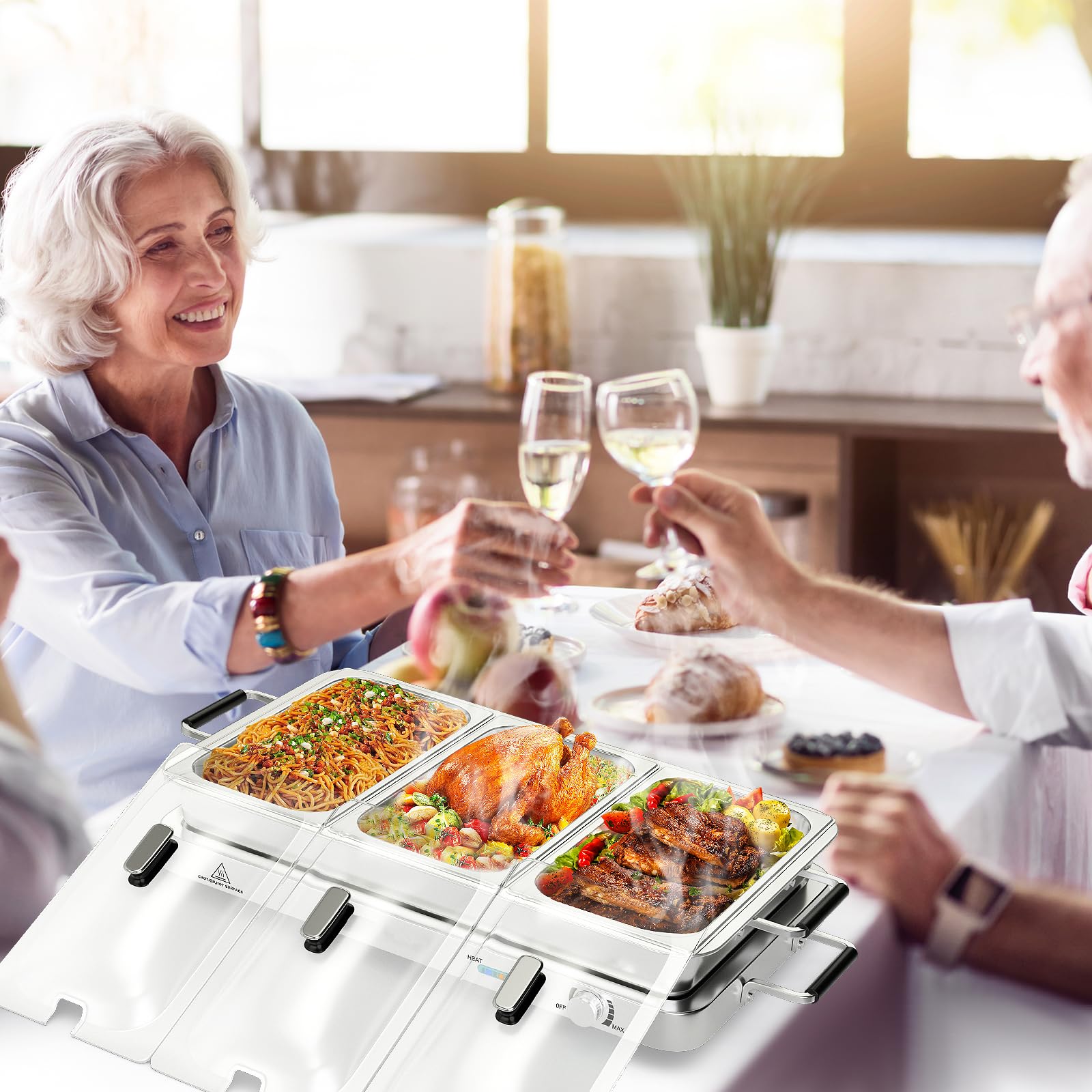 SOARS Warmhaltebehälter elektrisch 450 W, 9L Edelstahl Chafing Dish, 50-150 °C, Buffetwärmer