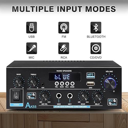 Miniatura 2 de AK55 Bluetooth 5.0 Amplificador de audio para el hogar, 2.0 canales máx. 450 W Receptor amplificador estéreo de potencia con USBAUXRCAOptCOA2 MIC in