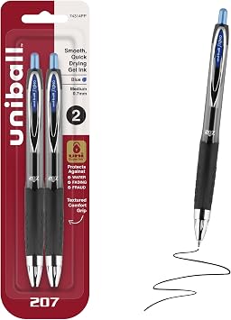 Uni-Ball 207 Retractable Rollerball Gel Pens - Medium Point - Blue Ink - Pack of 2