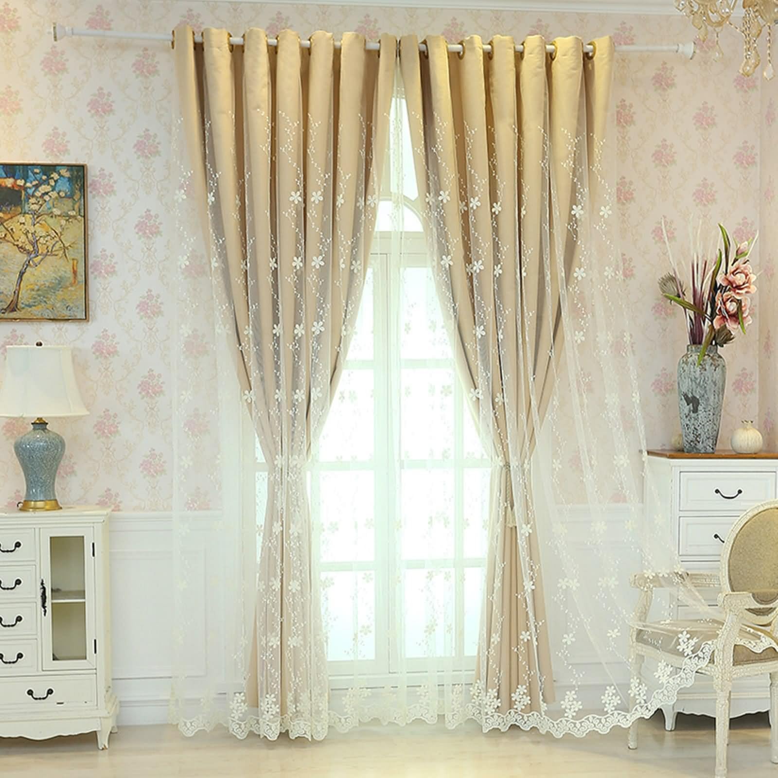 Oscuranti per Finestre Tenda, Cachi Tende Finestra Interna 2 Pannelli Doppio Strato Ricamato con Fiori Poliestere 132W x 244L cm