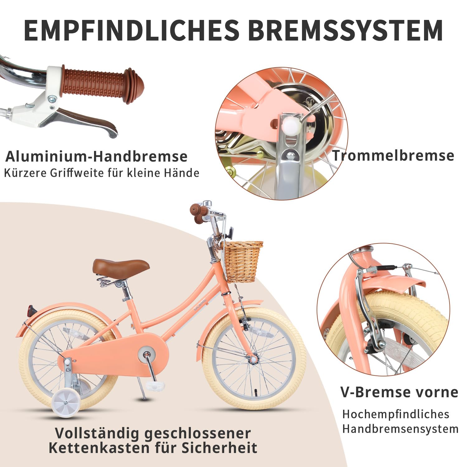 Glerc Little Molly 12-20 Zoll Kinderfahrrad mit Korb, für Jungen und Mädchen im Alter von 3 bis 12 Jahren, mit Klingel und Stützrädern, Rose/Blanc/Vert Menthe/Bleu/Violet/Jaune