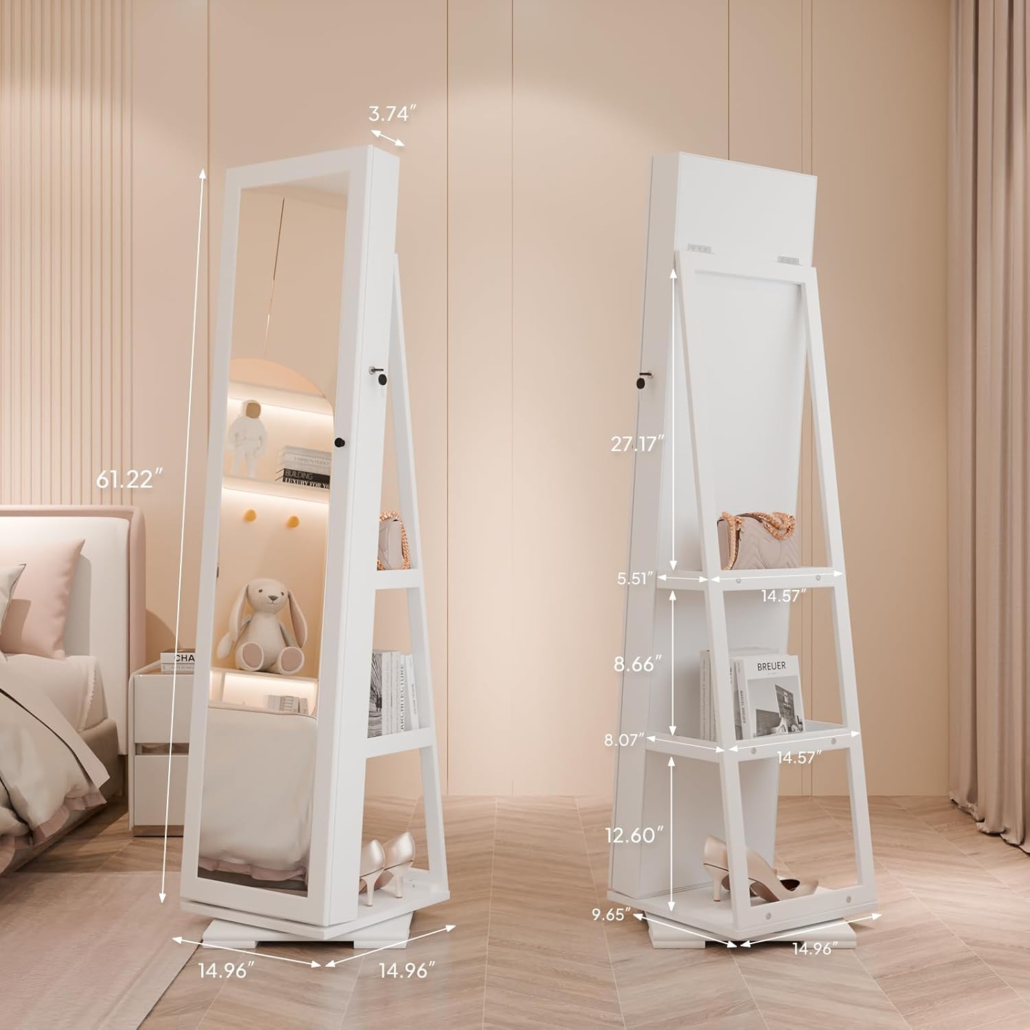 Bonnlo 360° Swivel Jewelry Mirror Cabinet with Inside Makeup Mirror,Full Length Mirror with Jewelry Storage, Lockable Standing Jewelry Armoire Organizer, Espejo Oon Almacenamiento for Bedroom,White