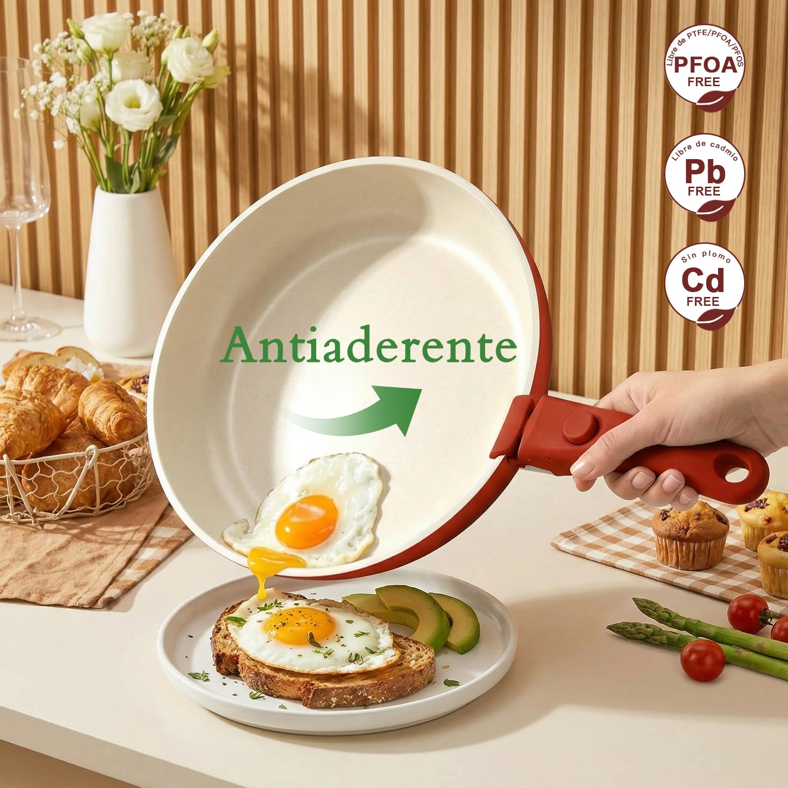 GiPP Juego de Ollas y Sartenes Antiadherentes 21 Piezas, Cacerolas de Cocina Induccion Sin Toxicos, Mango Extraible, Apta para Todo Tipo de Cocinas y Horno, Degradado Rojo