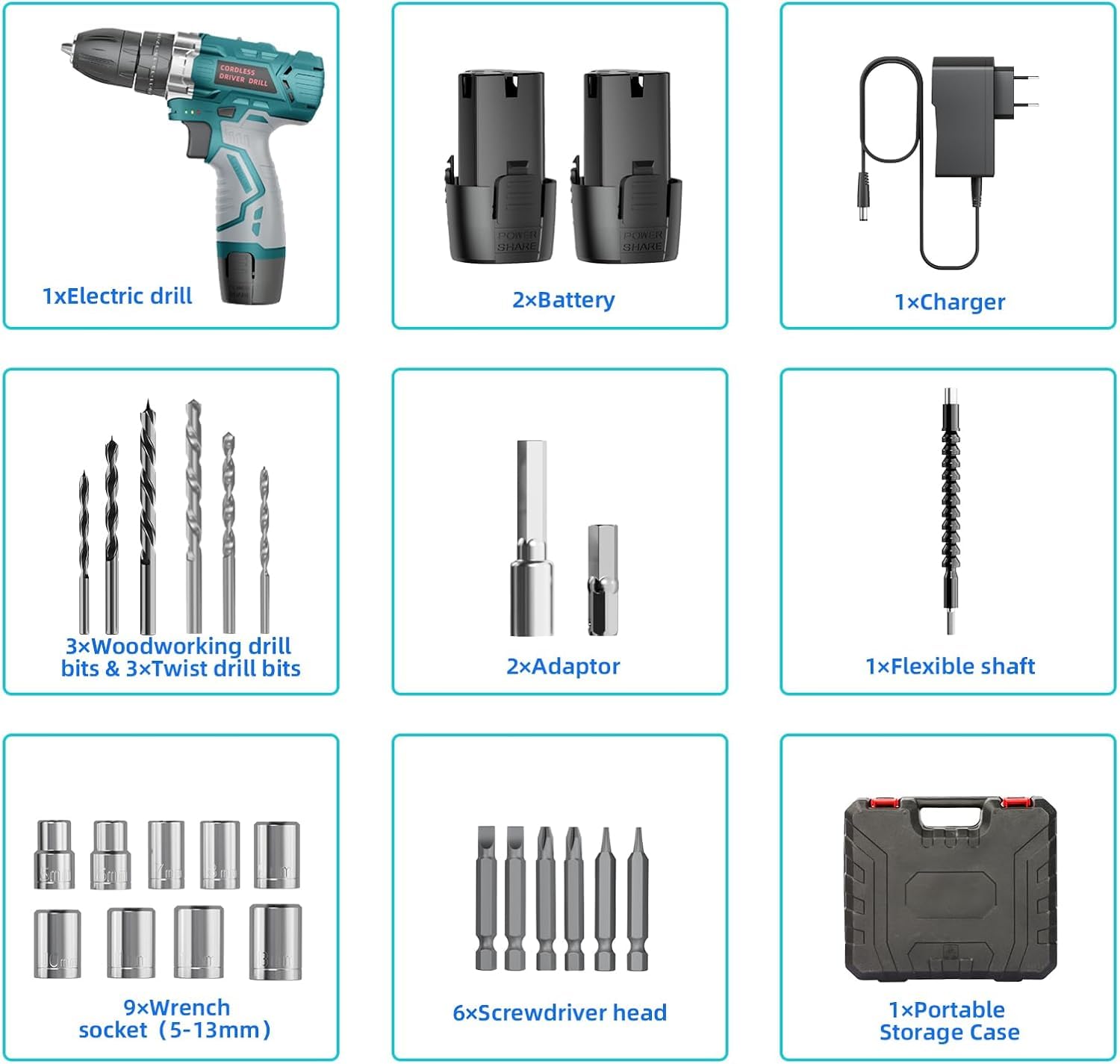 Trapano Avvitatore 12V Compatto – Kit Completo per Fai-da-te e Casa: 25 Nm, 2 Batteria 2000 mAh, 25+3 Regolazioni, Set 24 Pezzi con Borsa – Ideale per Montaggio Mobili e Piccole Riparazioni