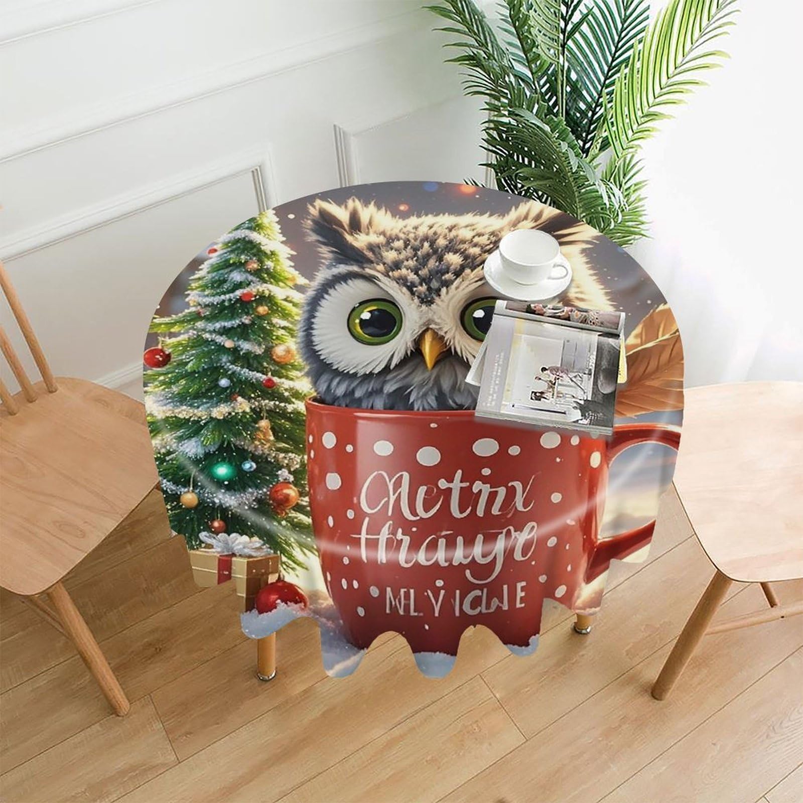 FekiLoot Owl Cup Round Tablecloth Cover 60 Inch Wrinkle Free Washable Polyester Fabric Table Cover Decorative Round Table Cloth for Home Dining Kitchen Party Farmhouse