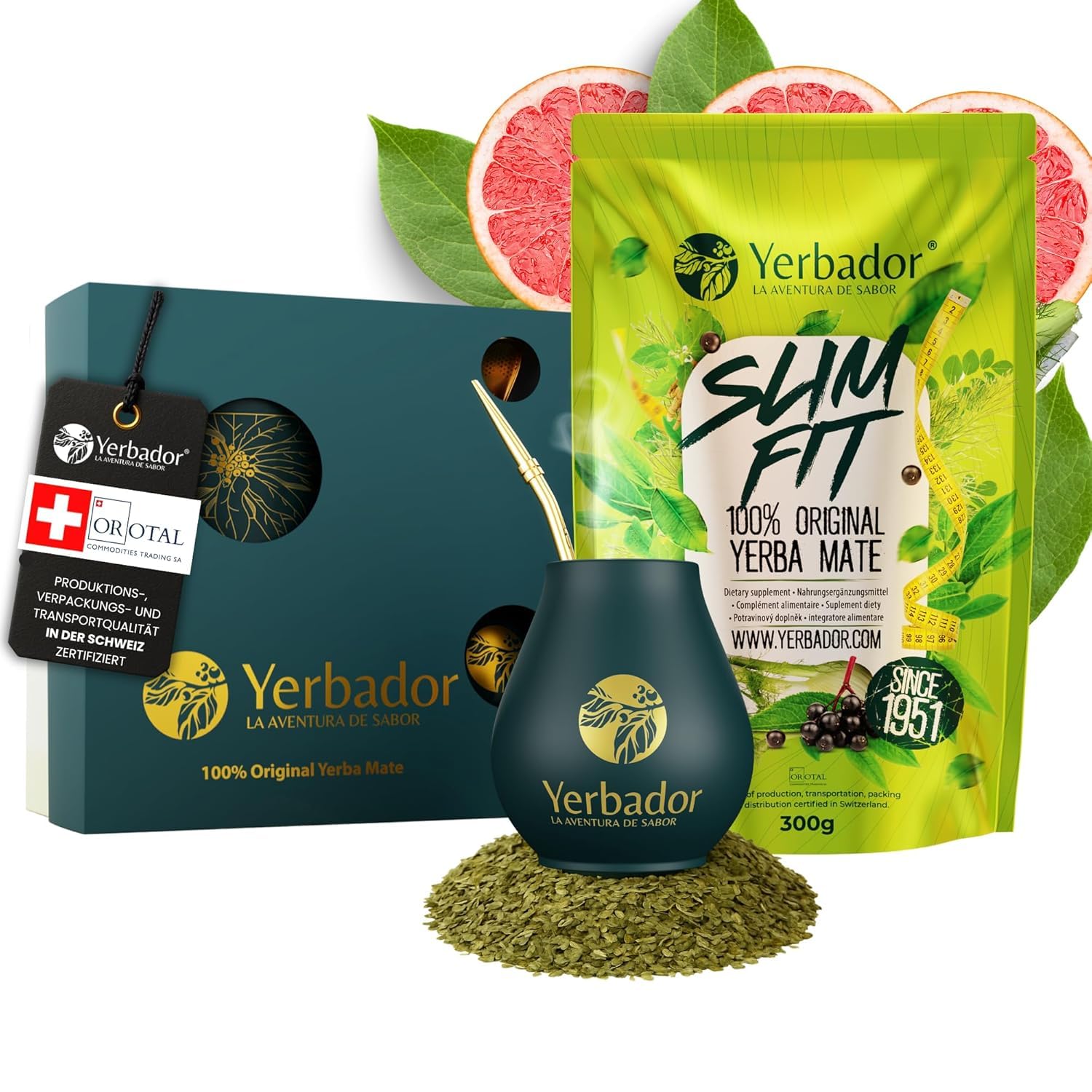 YERBADOR YERBA MATE TEE zum Abnehmen Starter Set | SLIM FIT | Natürliche Energie- und Detoxgetränk, Antioxidant | Yerba-Mate ungeräuchert aus Brasilien - 300g + Keramik-Matero 350ml + Bombilla