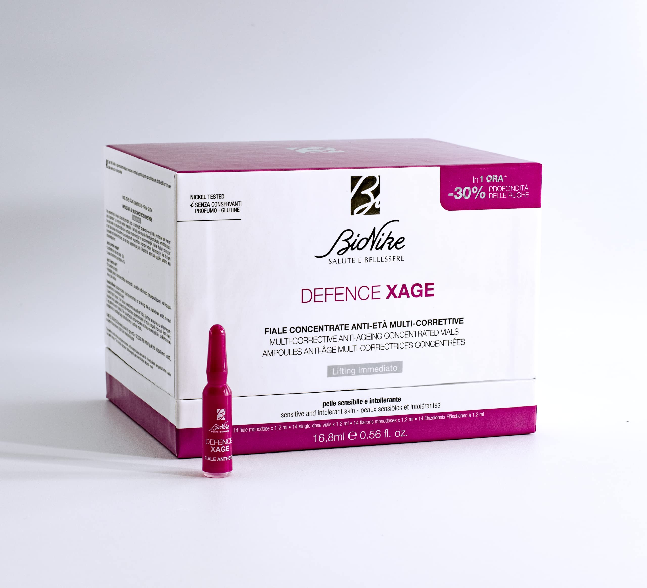 Bionike Defence Xage - Fiale Viso Concentrate Anti-età Multi-correttive, per Pelli Sensibili e Intolleranti, Azione Rimpolpante per Attenuare le Rughe, Donano Tonicità e Luminosità, 14 Fiale