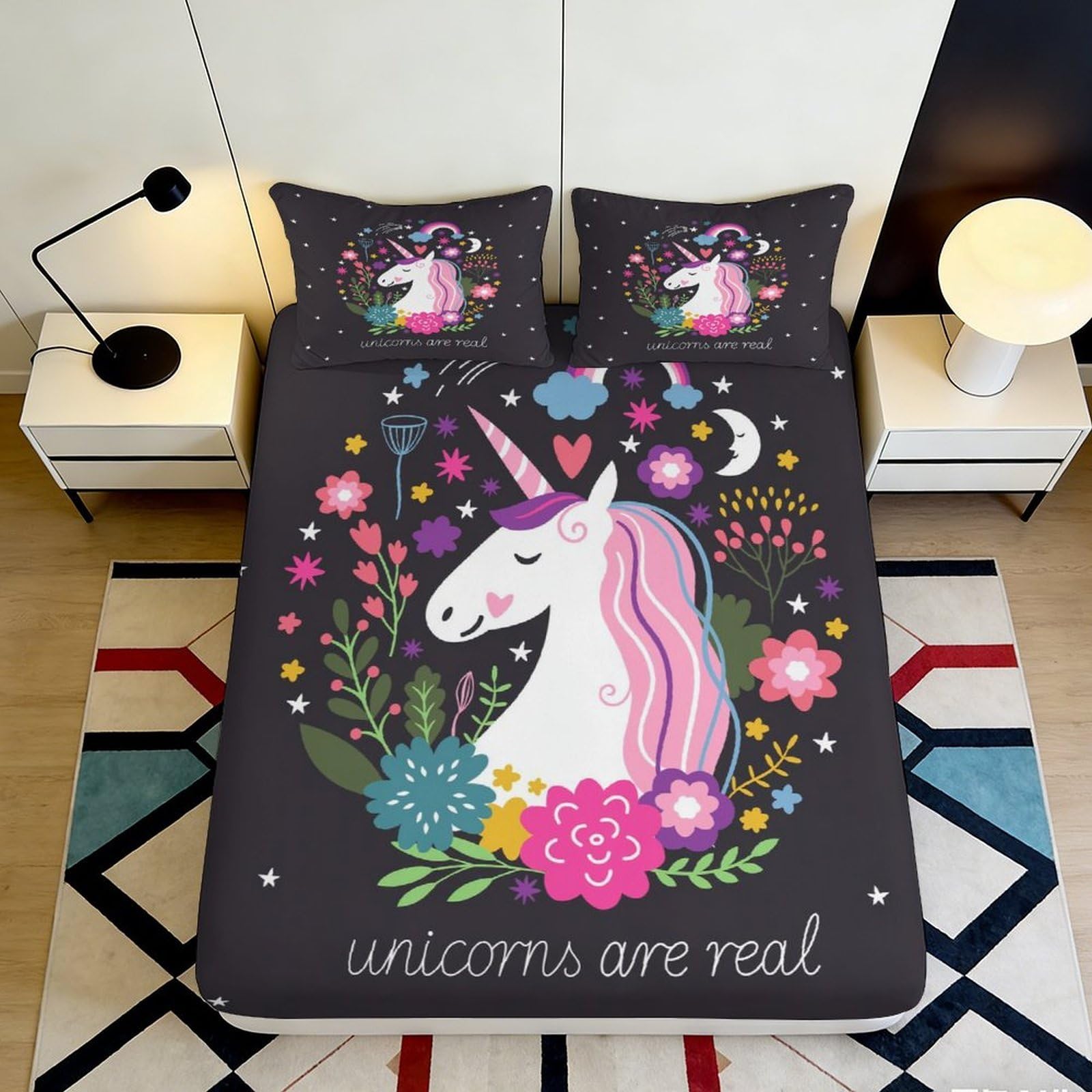 3D Printed Unicorn Floral Fitted Sheet Microfiber Soft Breathable Magical Bed Sheet Mattress Cover for Bedroom Dormitory Guest Room Protection 140x200x25cm