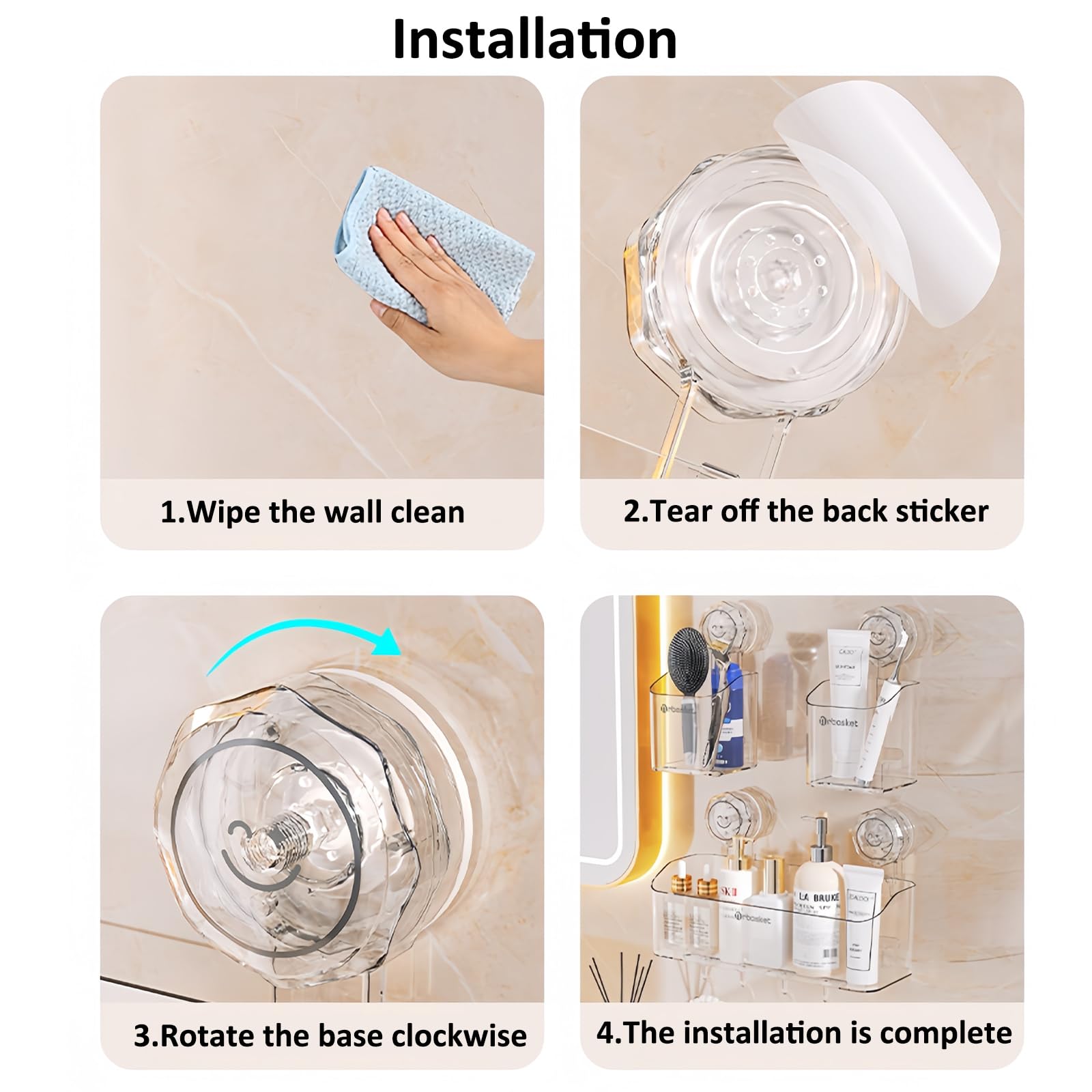 QICAIFACAI Shower Caddy Suction 2-Pack (No-Drilling) Shower Storage Rack with Movable Hooks - Image 4