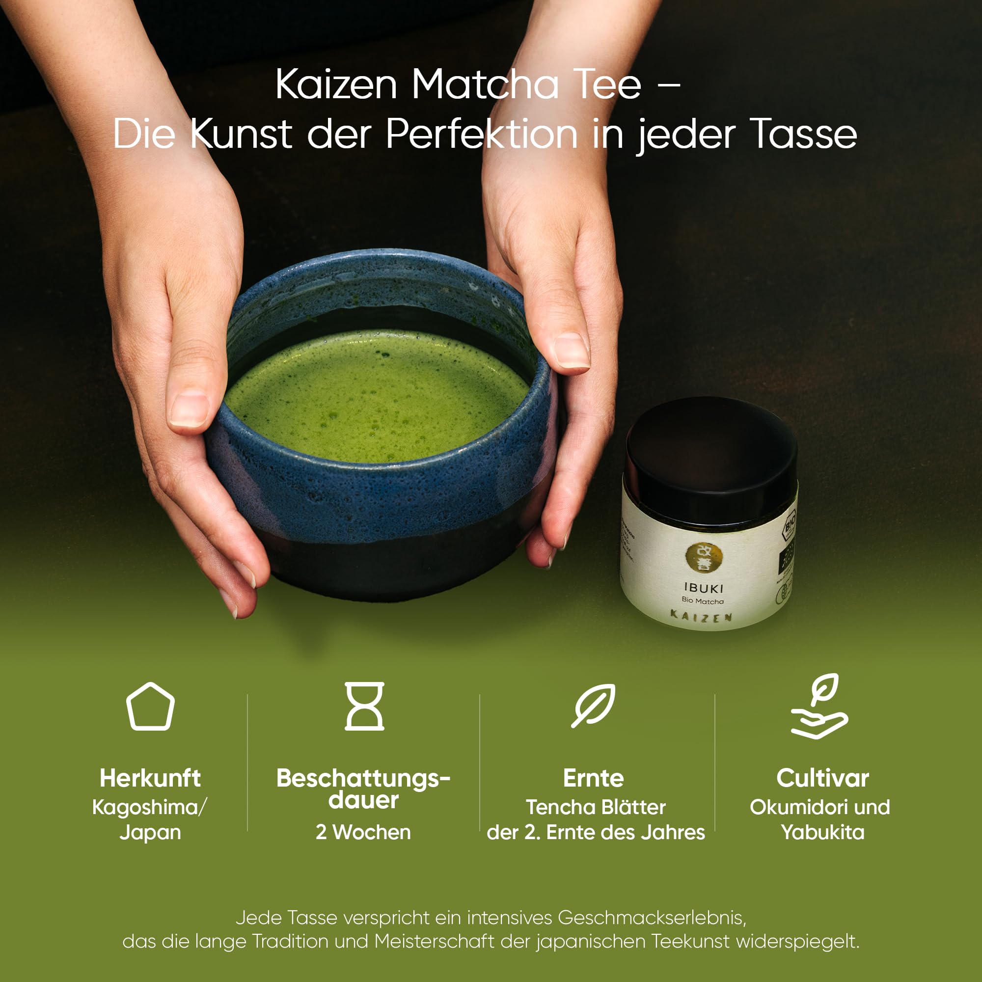 Kaizen® Ibuki Matcha Set - erlesener Premium Bio Matcha-Tee, handgefertigte Chawan-Teeschale, Besen & Löffel - Komplett-Set für Einsteiger und Kenner