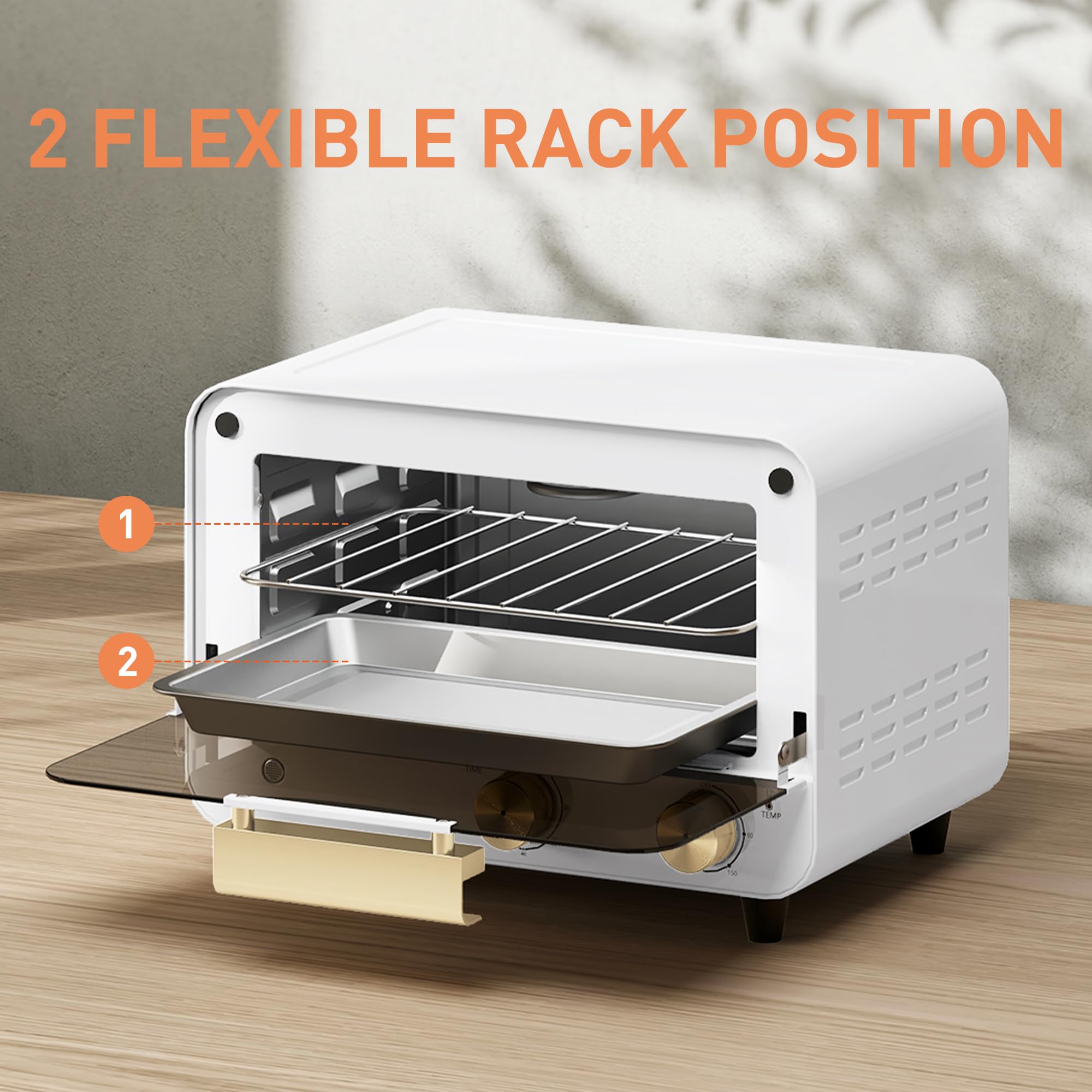 HOMCOM Four électrique 12L à 2 hauteurs avec minuterie et température réglable, mini four en acier inoxydable, verre et plastique, 31,5x27,7x22,7 cm, blanc et or