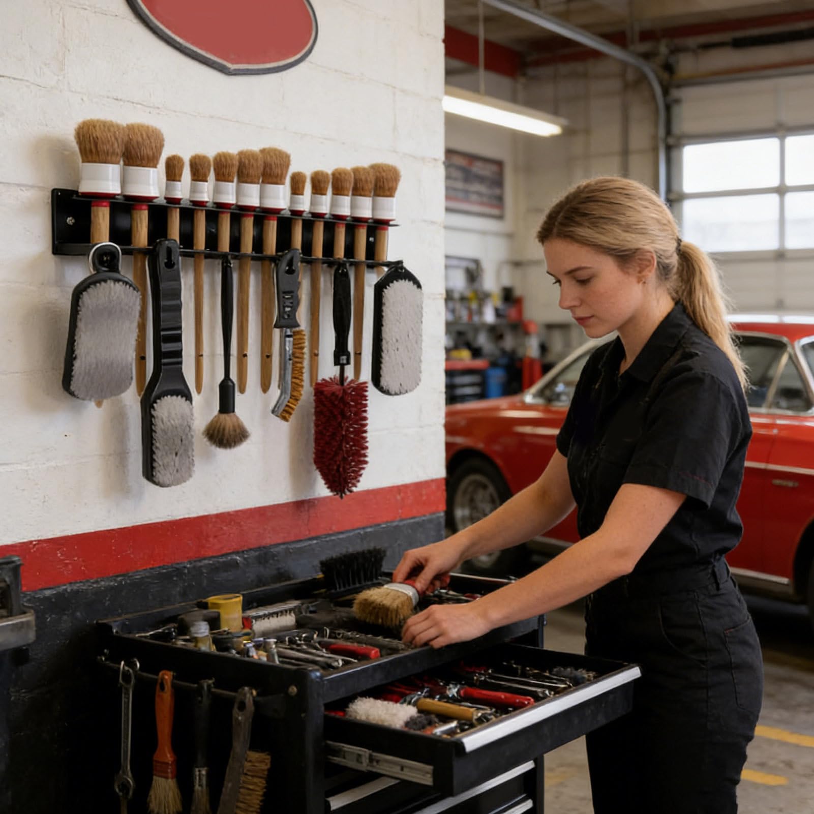 Soporte de Pared para Cepillos de Detailing - Almacenamiento de Alta Resistencia y Ahorro de Espacio con Ganchos | Organizador para Suministros de Detallado - para Hogar Garaje Taller de Lavado