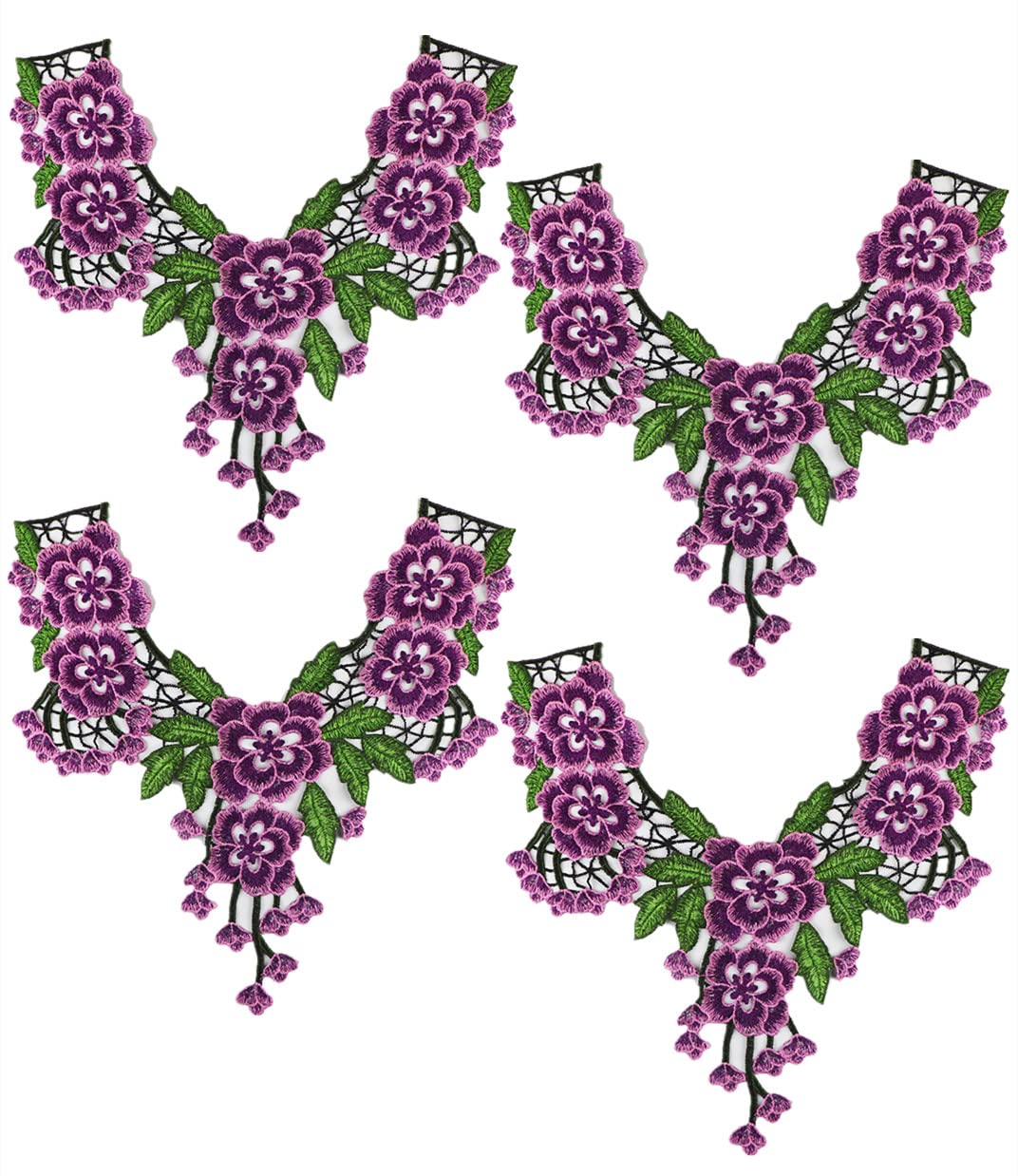 Naszywki na ubrania, 4 pary haftowanych kwiatowych aplikacji na dekolcie(Purple)