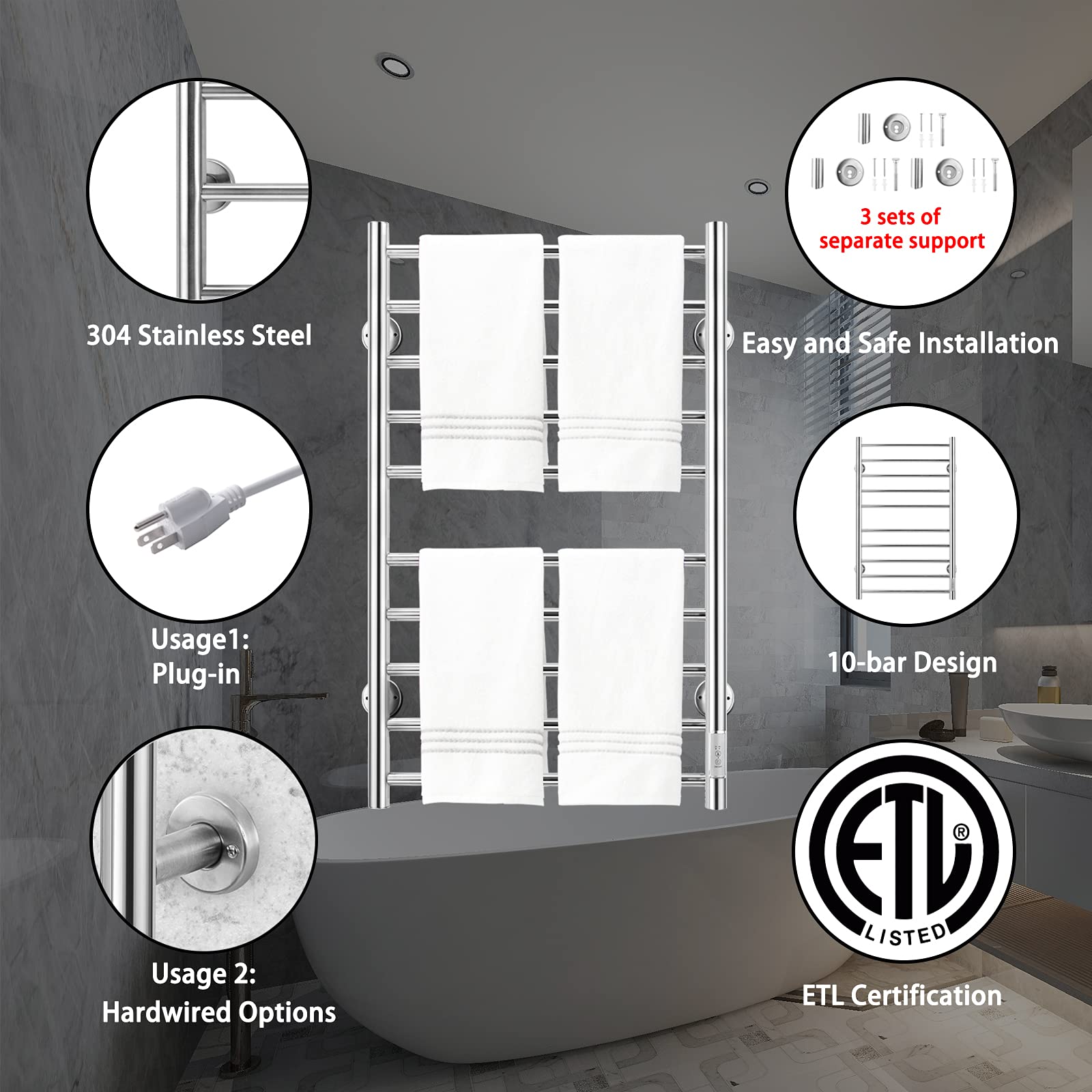 KEY TEK Heated Towel Warmer for Bathroom, Wall Mounted Hot Towel Racks