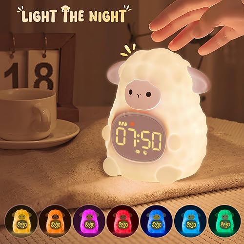 Miniatura 5 de Reloj despertador de oveja con luz nocturna para niños con máquina de entrenamiento del sueño y sonido, lámpara de silicona recargable para