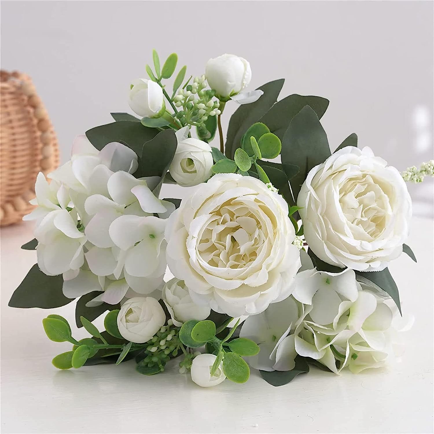 Con fiori, bouquet da sposa, bouquet da sposa, con fiori, 4 mazzi di peonie bianche ortensie per la decorazione Rose finte composizioni di bouquet finti centrotavola da tavolo in plastica fiori di set