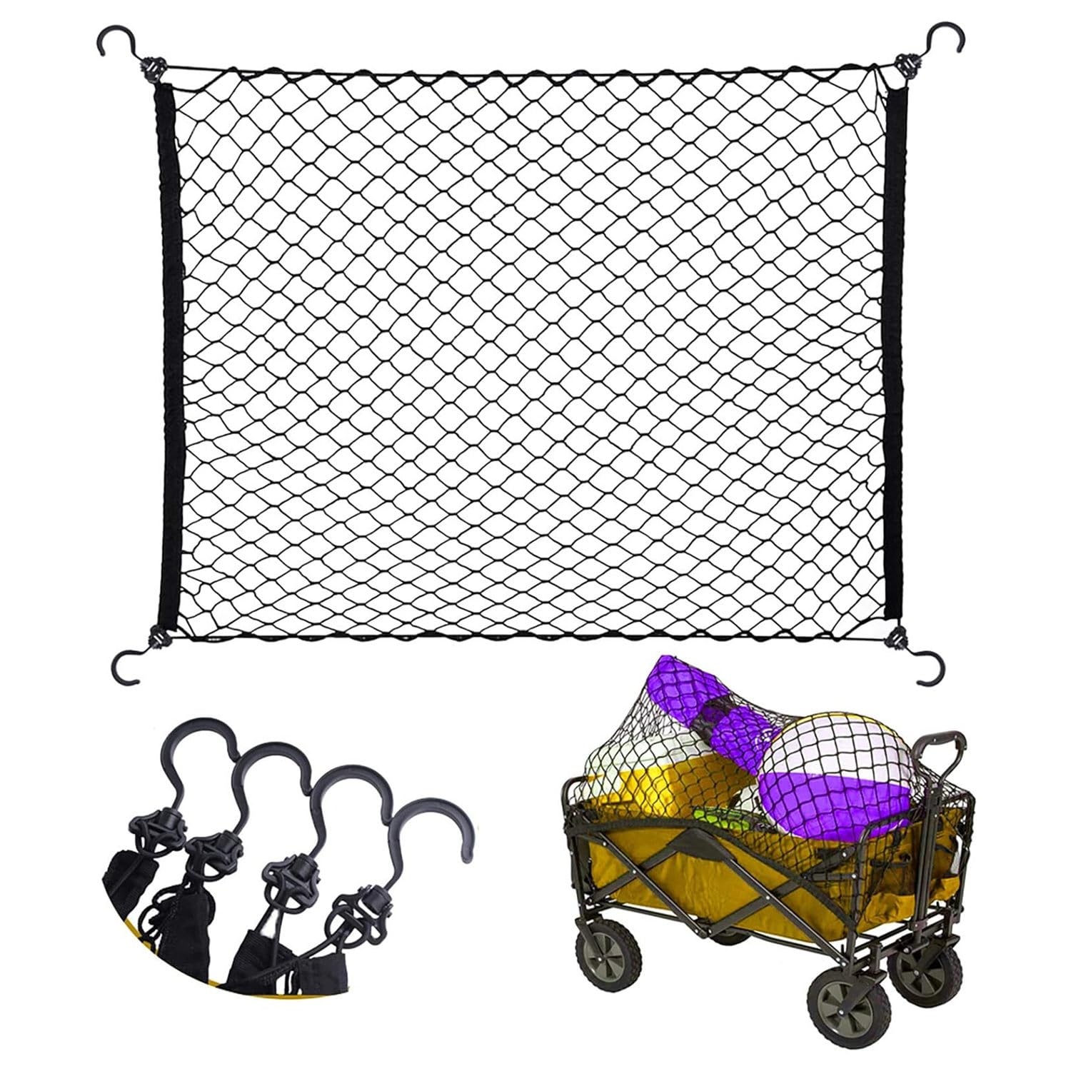 OasislandStore Cargo Net for Garden Wagon, 92cmX 76cm Heavy Duty Nylon Netting with Storage Bag for Folding Wagon, Beach Cart, Garden Cart, Trolley Cart, Black