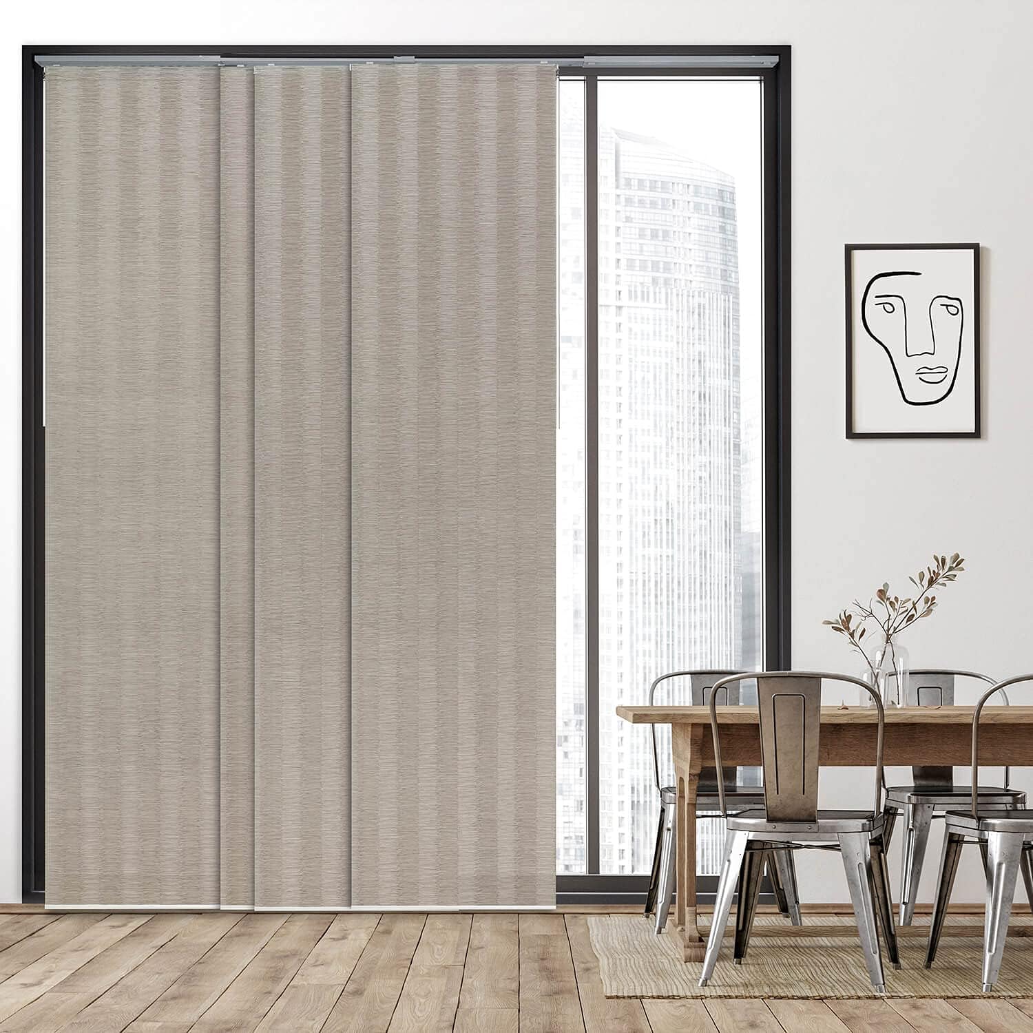 Deluxe Adjustable Sliding Panel Track Blind 45.8"- 86" W x Up to 96" H, Extendable 4-Rail Track Vertical Blind, Trimmable Pleated Natural Woven Fabric, Stripes Pattern, Cottontail