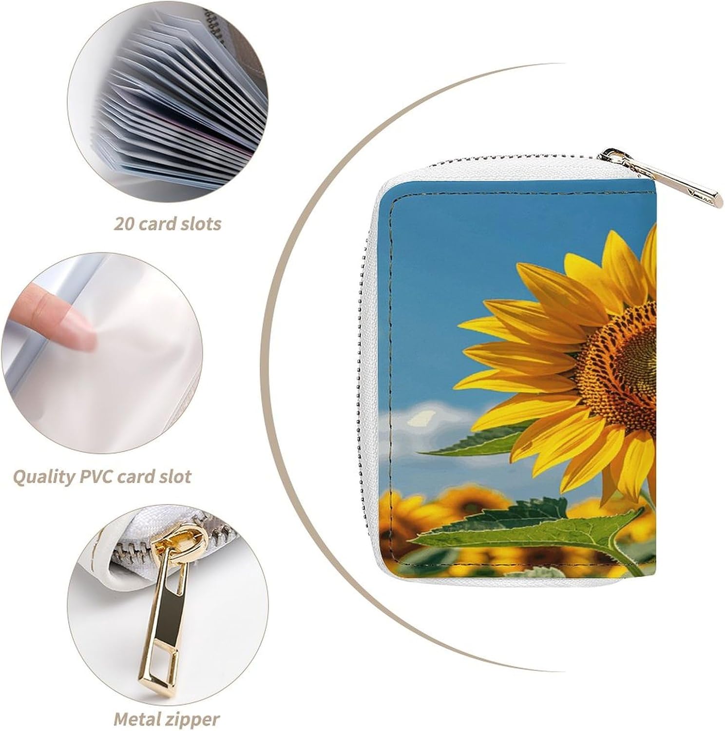 Leather Card Organizer Case Card Wallet Credit Card Holder Sunflower Blooming Flowers Plants Printed Zipper Card Cases Holder for Women Men