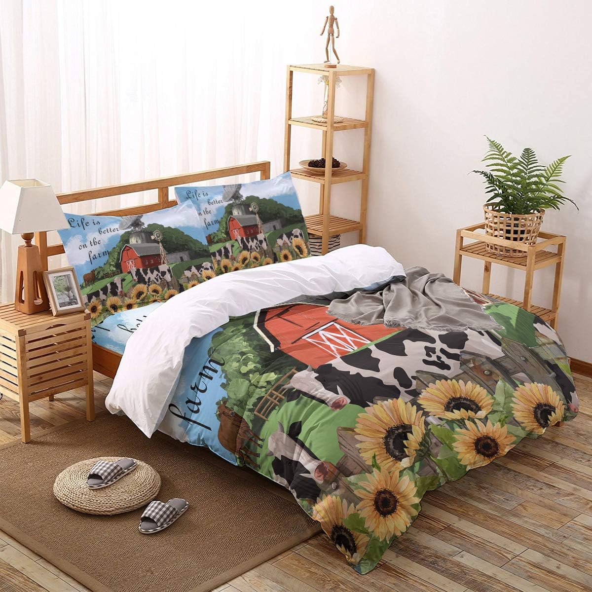 Exсluѕіvе Dіѕсоunt 🔥 PartyShow 4 Piece Bed Sets California King, Life is Better on The Farm Barn Cow Sunflower Bedroom Comforters Cover Bed Sheet with 2 PC Pillowcases for Girls/Boys/Kids/Bedroom