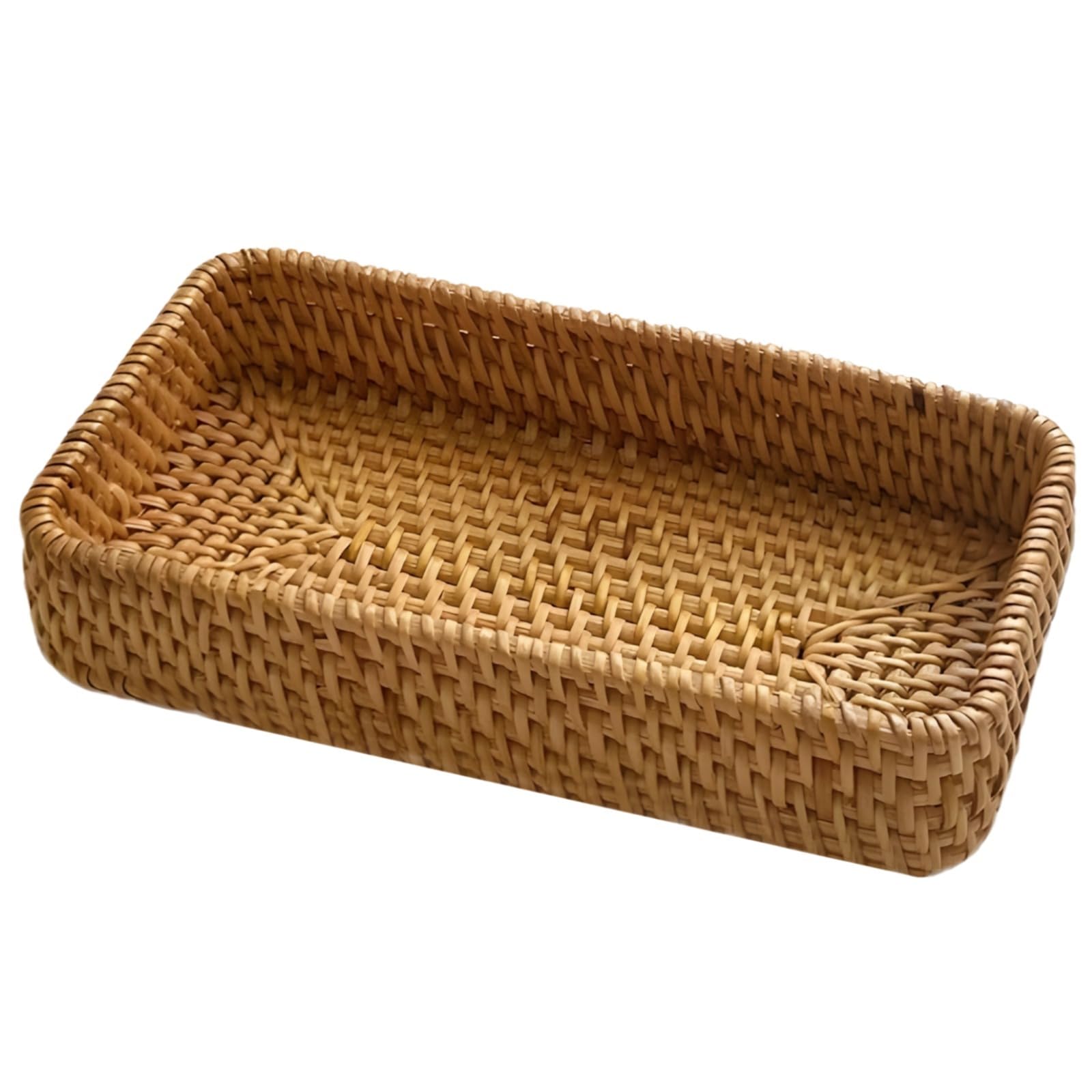 Packool Woven Rattan Storage Basket, Rattan Tray for Home Decor and Organization, Countertop Rattan Tray for Living Room Kitchen Office, Rattan Bathroom Vanity Tray, Rectangular Toilet Tank Tray
