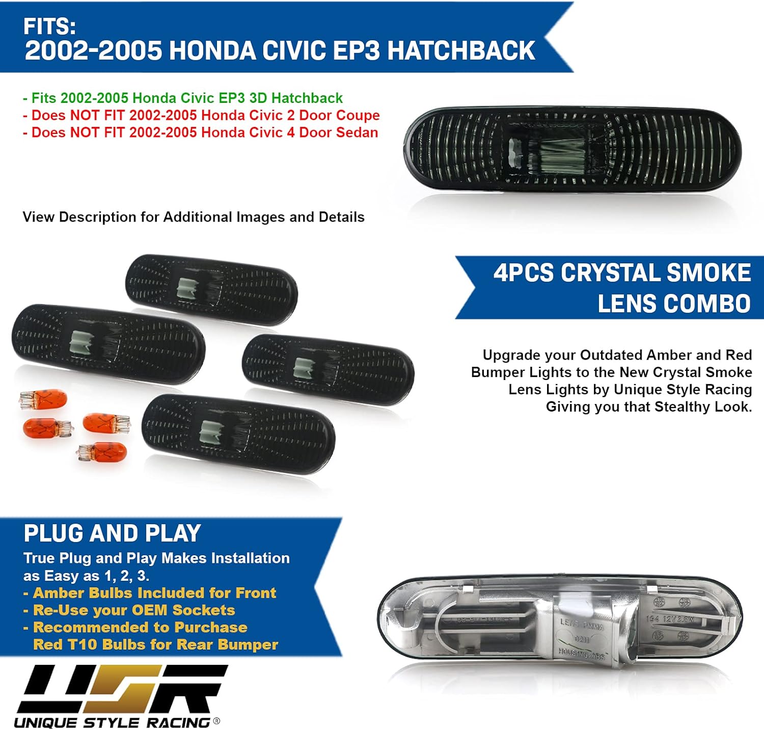 USR DEPO 02-05 Civic 3D Side Marker Lights - COMBO Smoke Lens Bumper Side Markers Lamps Set Compatible with 2002-2005 Honda Civic Si EP EP3 3 Doors Hatchback (Smoked 4 Pieces, Front + Rear)