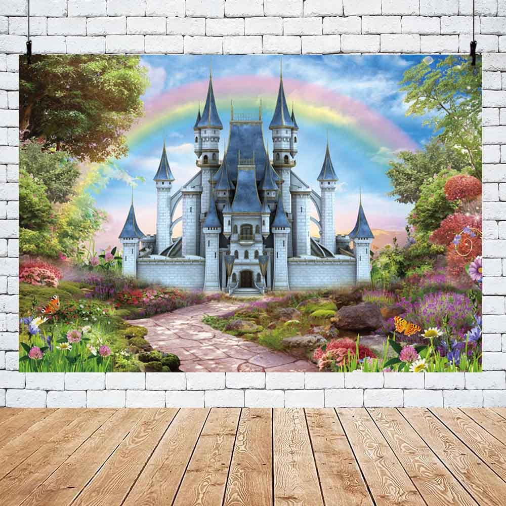 10x8ft Fairy Tale Castle Photography Backdrop - Vintage Stone Arch Window With Mountains & Flowers Background For Studio Photo Shoots