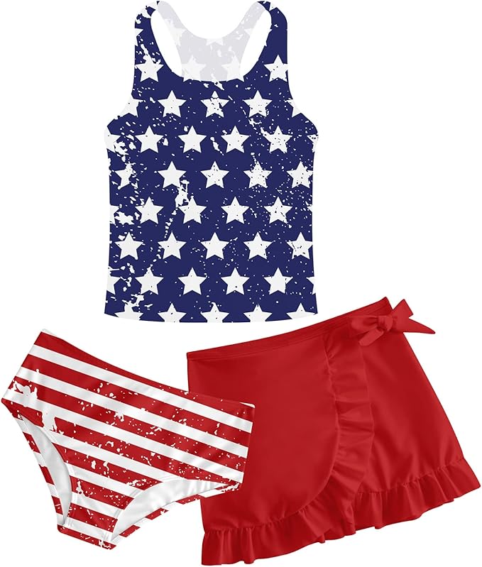 Girls Swimsuits 3 Piece Tankini Bathing Suit Set Cute Bikini Swimwear with Cover Ups Beach Skirt 5-16 Years
